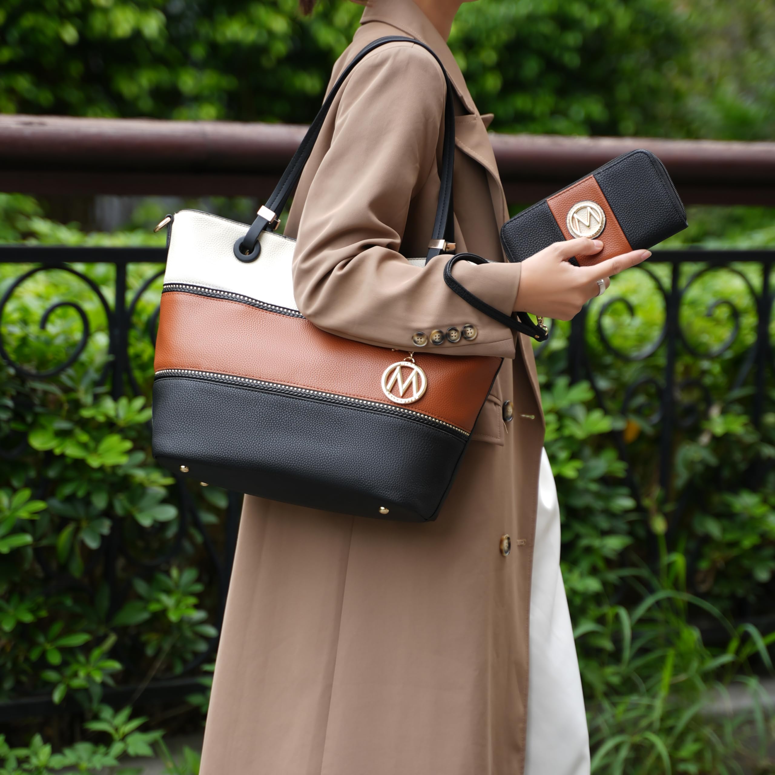 MKF Collection Bolso de mano para mujer, de cuero vegano, con asa superior, bolso cruzado, Beige dorado y café, Large