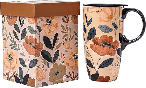 Topadorn Taza de café de cerámica con tapa de 17 onzas, taza de té alta de porcelana con asa para el hogar y la oficina, taza con patrón de arte de