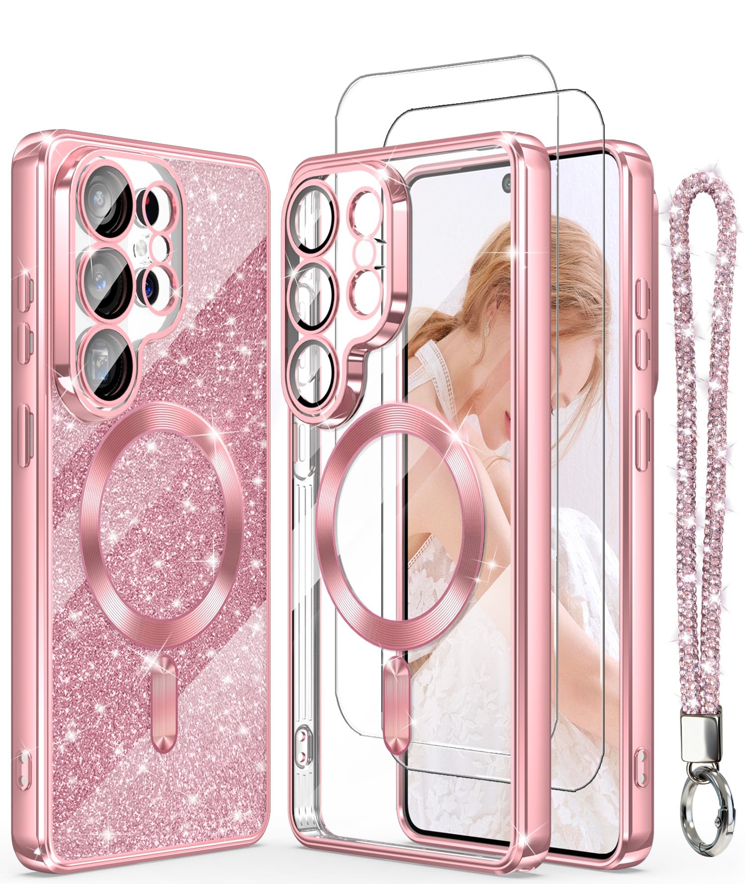 Magnetic for S26 Ultra Case + 2X Screen Protectors,Luxury Plated Gold Edge [Glitter Card&Wrist Strap] Slim Soft Crystal Clear TPU Shockproof Cover for S26 Ultra 5G-Pink