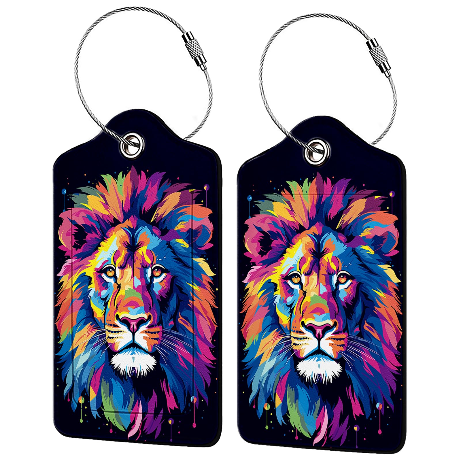 Rainbow Lion Head 2 Pack Luggage Tag for Suitcase, Leather Bag Tags Identifiers Privacy Cover ID Label with Steel Loop for Women Men Kids Girls Travel