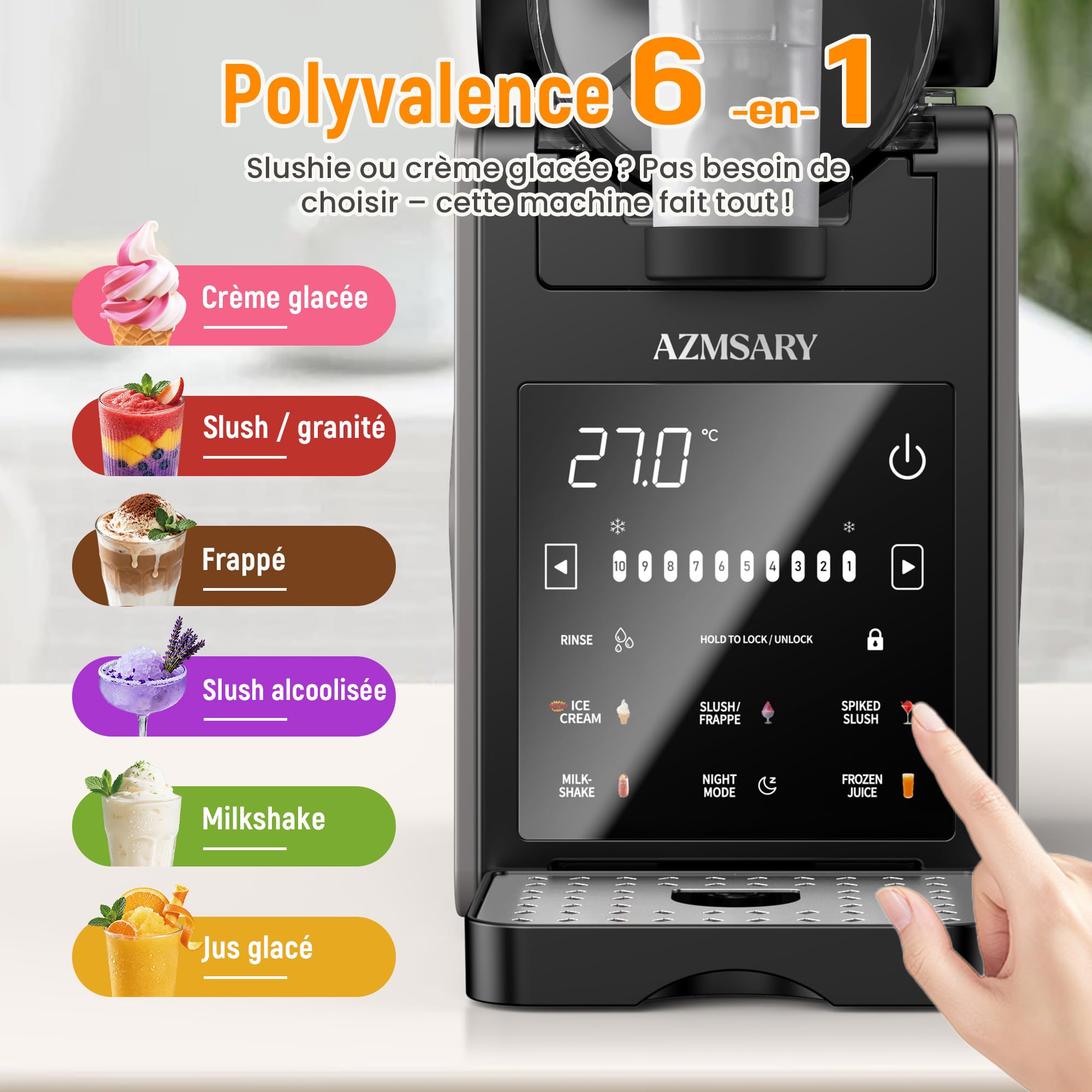 Machine à granita – 2,5 L slushie pour la maison, avec écran LED, 6 programmes préréglés pour crème glacée, margaritas, frappés, milkshakes, nettoyage automatique, sans glace (Black)