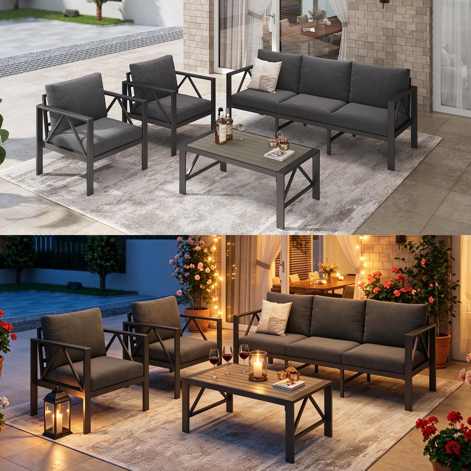 OMERAI Aluminium Gartenmöbel Set 4-tlg. für 5 Personen, Gartenlounge mit wasserdichter Schutzhülle, Outdoor Gartengarnitur für Garten, Terrasse & Balkon, Dunkelgrau(1×3-Sitzer Sofa, 2×Sessel, 1×Tisch)