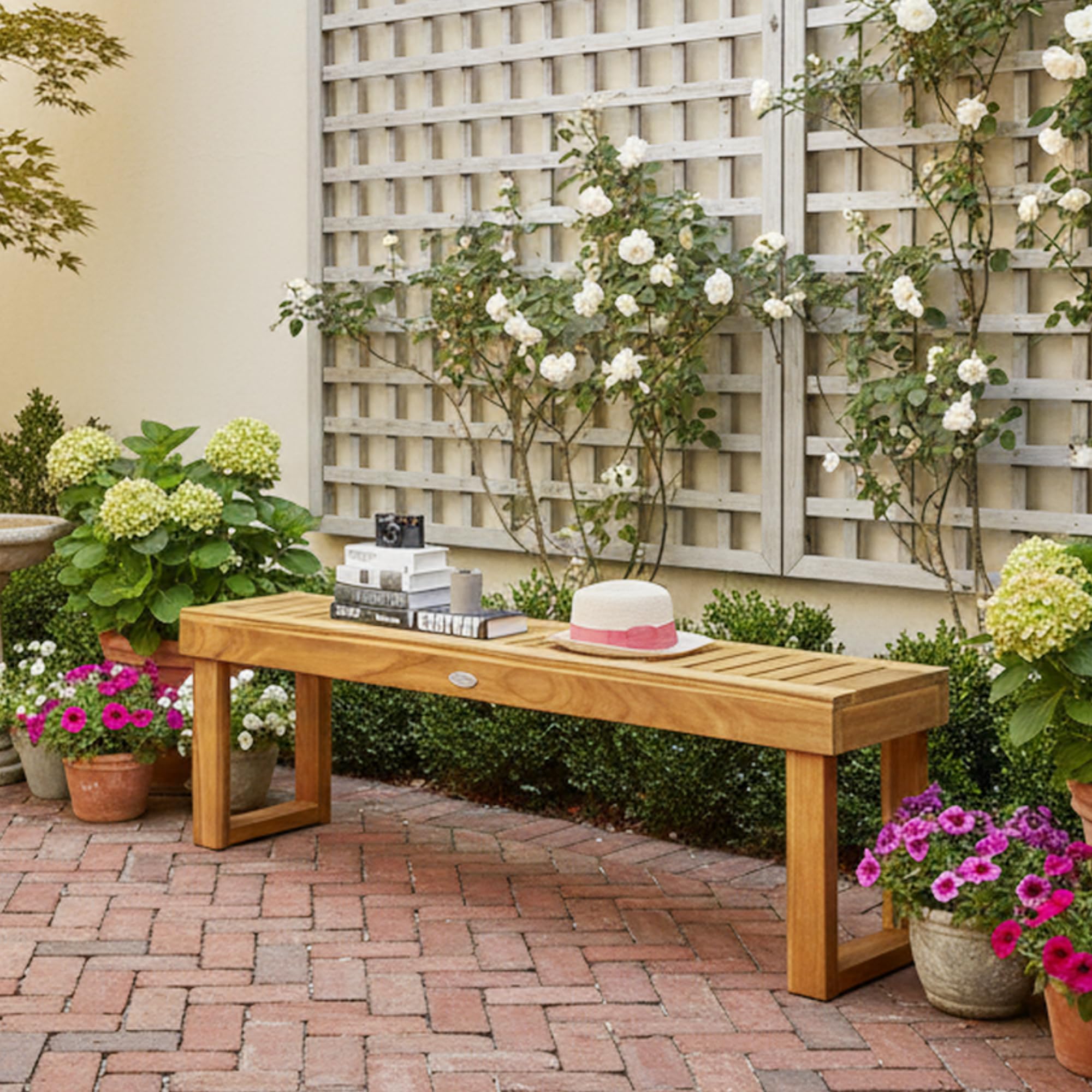 Tangkula 52" Acacia Wood Outdoor Bench, Wood Patio Dining Bench with Slatted Seat, Wooden Backless Garden Bench for Outdoors & Indoors, Outside Bench for Entryway, Deck, Poolside, Yard & Porch