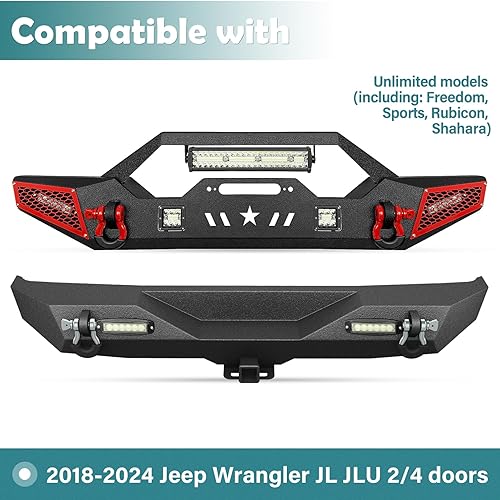Miniatura 2 de Parachoques delantero y trasero compatible con Jeep Wrangler JL JLU Unlimited Rock Crawler 2018-2024 con placa de cabrestante, armadura pintable,