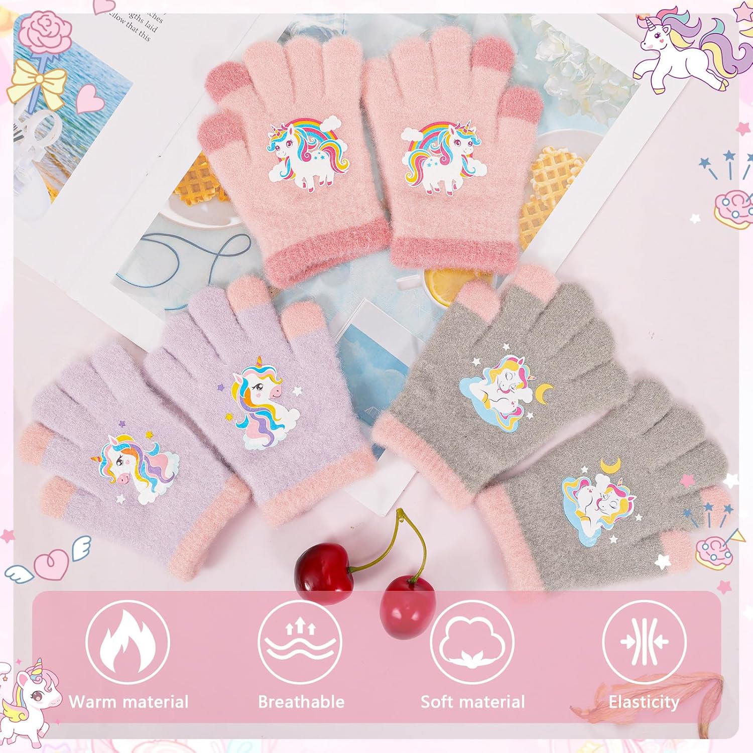 3 Pairs Kids Warm Knit Gloves, Toddler Magic Gloves Children's Colorful Glove Soft Thermal Glove Stretch Winter Mittens Full Finger Mittens Pattern for 1-5 Years Boys Girls - Image 4