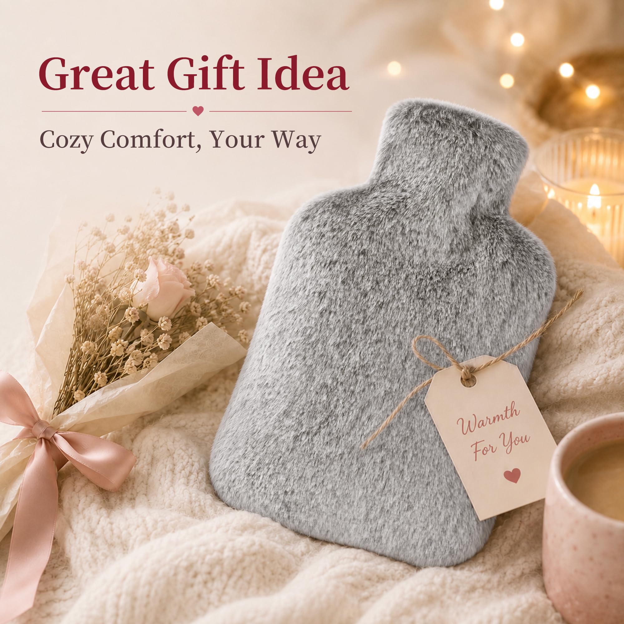 Luxury Hot Water Bottle - Gray with Faux Fur -6