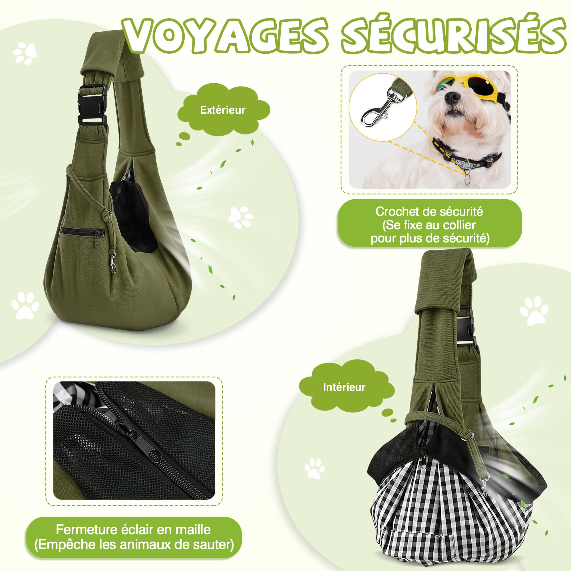 ALLSOPETS Sac de Transport Chien Chat, Sac Bandoulière Respirant pour Petit Chien et Chat avec Crochet de Sécurité, Transport Facile pour Balades et Vétérinaire (Vert Olive)
