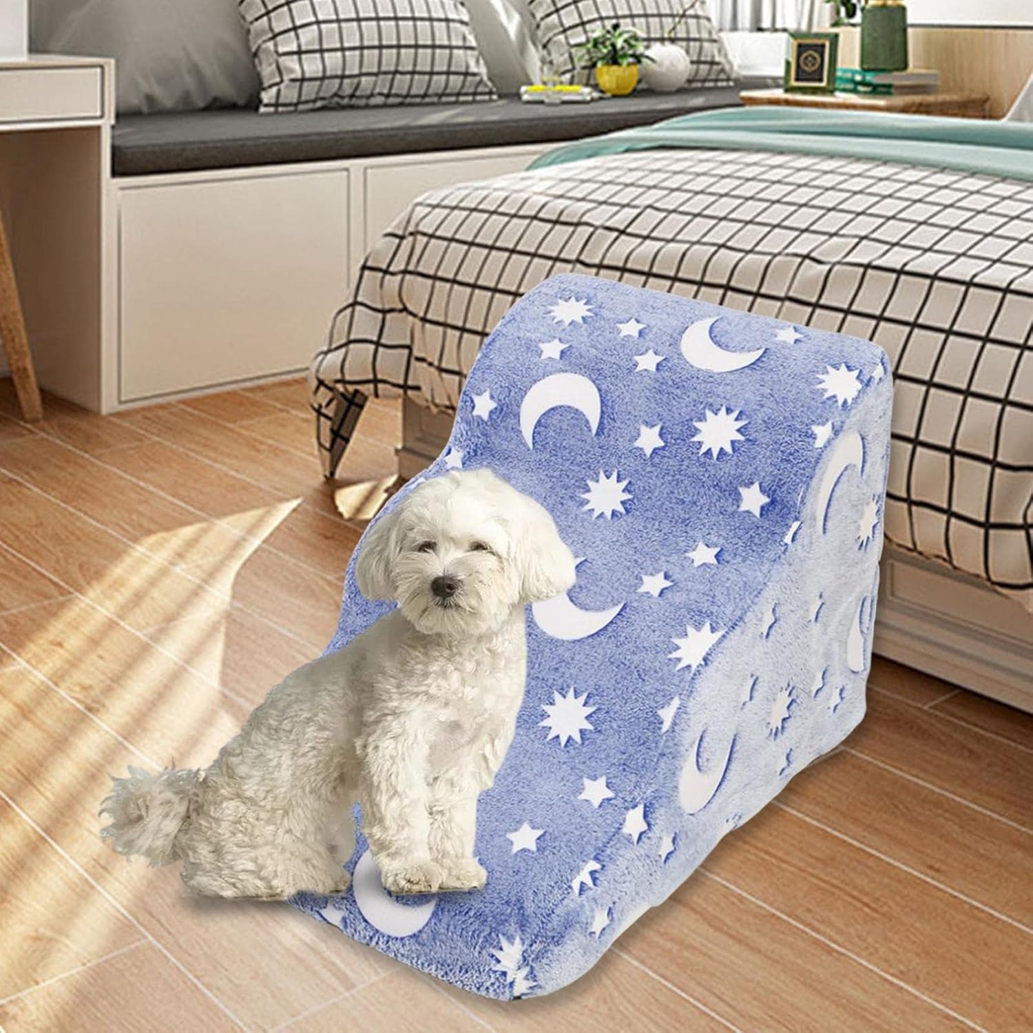 Dog Ladder Dog Stairs Puppy Cat Steps Anti Slip Bottom with Noctilucent for Sofa Bed Removable Cover and Machine Washable Detachable Pet Toy, Star Moon 58x38x38cm