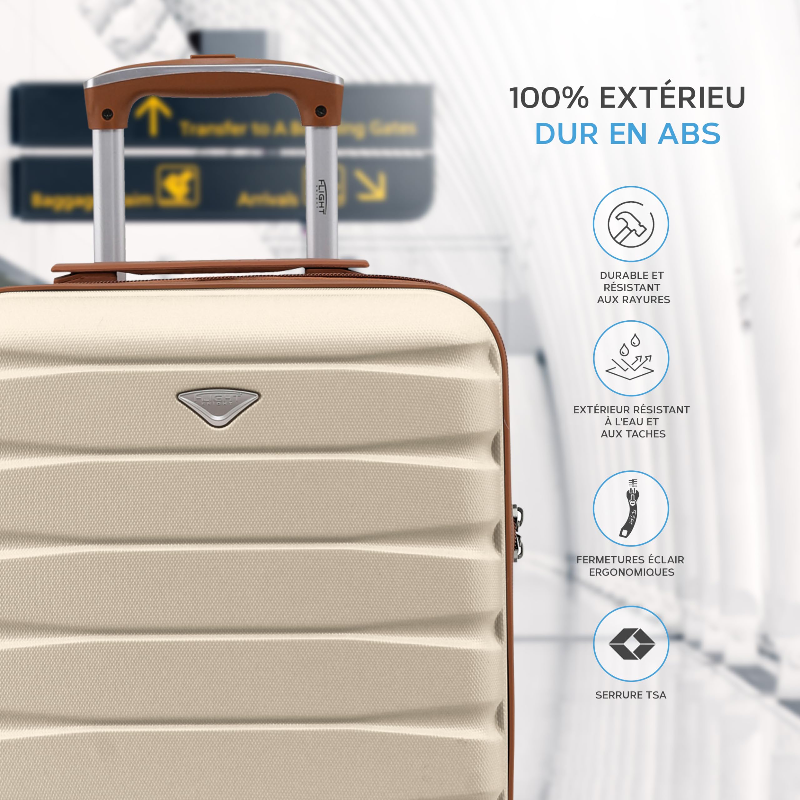 Flight Knight Bagage Cabine Leger a 4 Roues en ABS Rigide Approuve par Plus De 100 Compagnies Aeriennes, Dont Lufthansa, Air France, HOP! Ryanair et easyJet - 45x36x20cm (TSA) Creme/Marron - 4