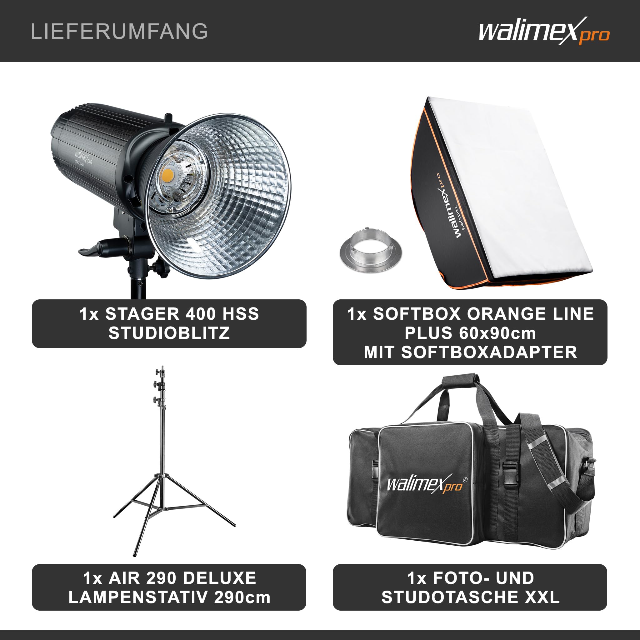Walimex pro Stager 400 HSS set flash fotografico da studio, luce LED da 400 W per foto e video, con softbox stativo luci e accessori
