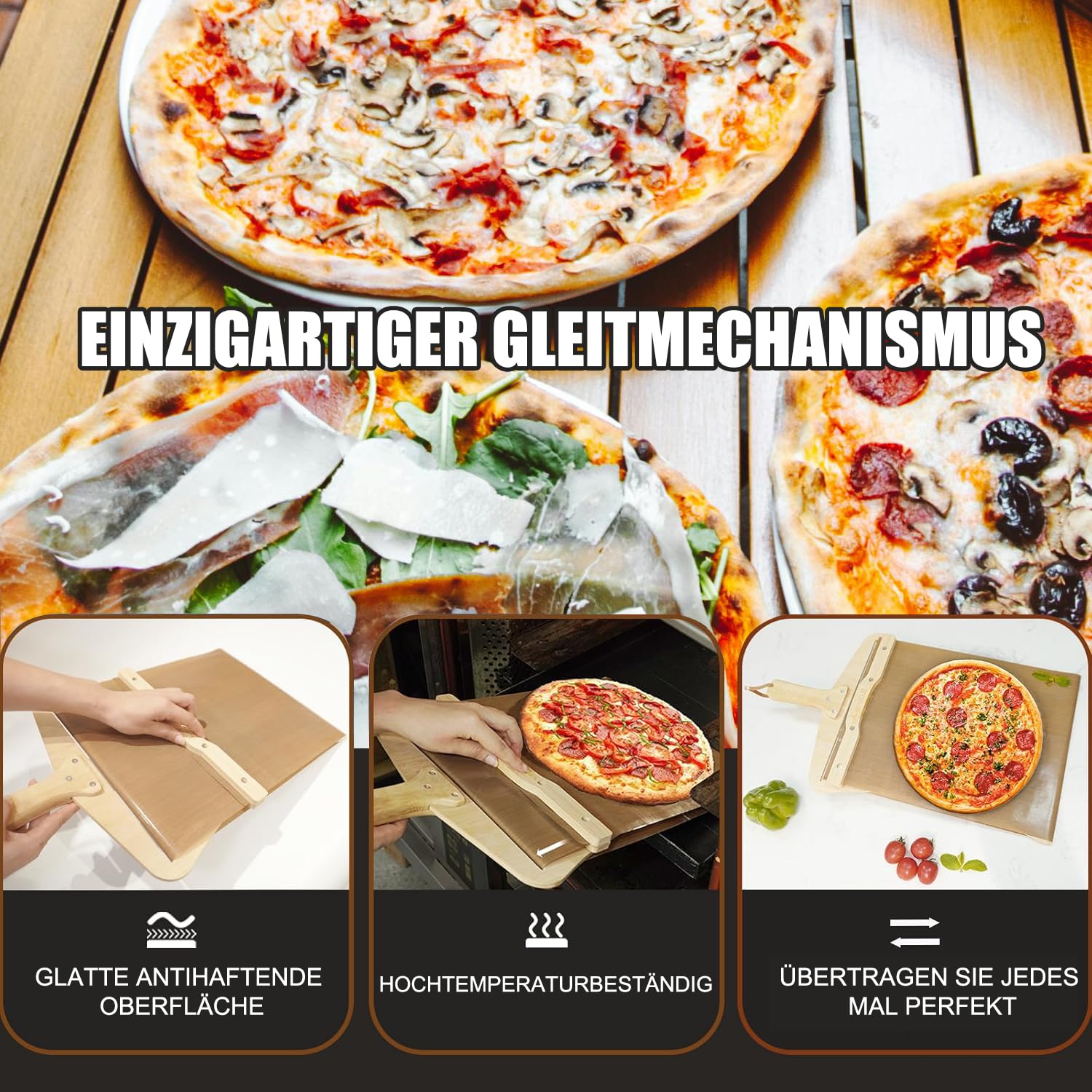 Pala deslizante para pizza, 30 cm, antiadherente, con cortador de pizza, resistente al calor a 300 °C, mango de bambú de 55 cm, herramienta de transferencia de pizza extraíble para interior y exterior