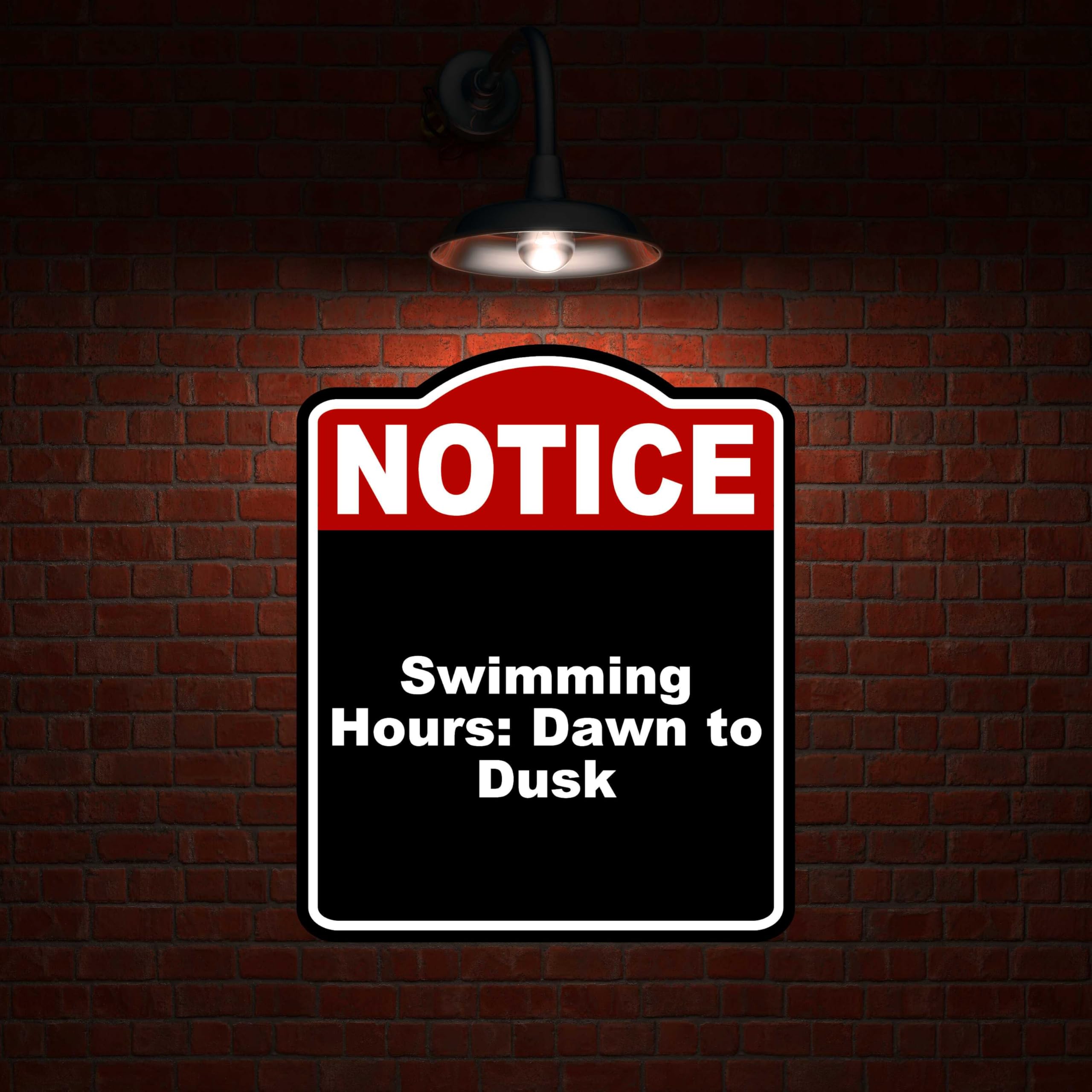Swimming Hours Dawn to Dusk Notice Red Black Aluminum Composite Sign 15 x 18 inches