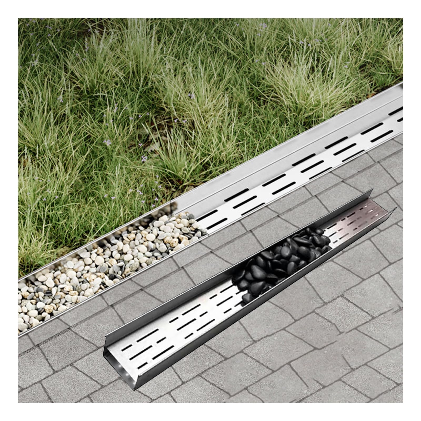 Trench Drain System for Cobblestone Landscaping,Deep/Low Profile Heavy Duty Pool Deck Drain Channel, Hidden Yard Drainage Systems,Rainwater Drainage Grates for Garden(H4*W10CM/H1.57*W3.94IN)