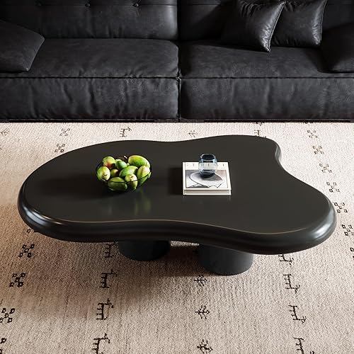Mesa de centro negra de 40.94 pulgadas de largo con forma libre de nubes con 3 patas, mesa auxiliar central color crema para sala de estar, bonita