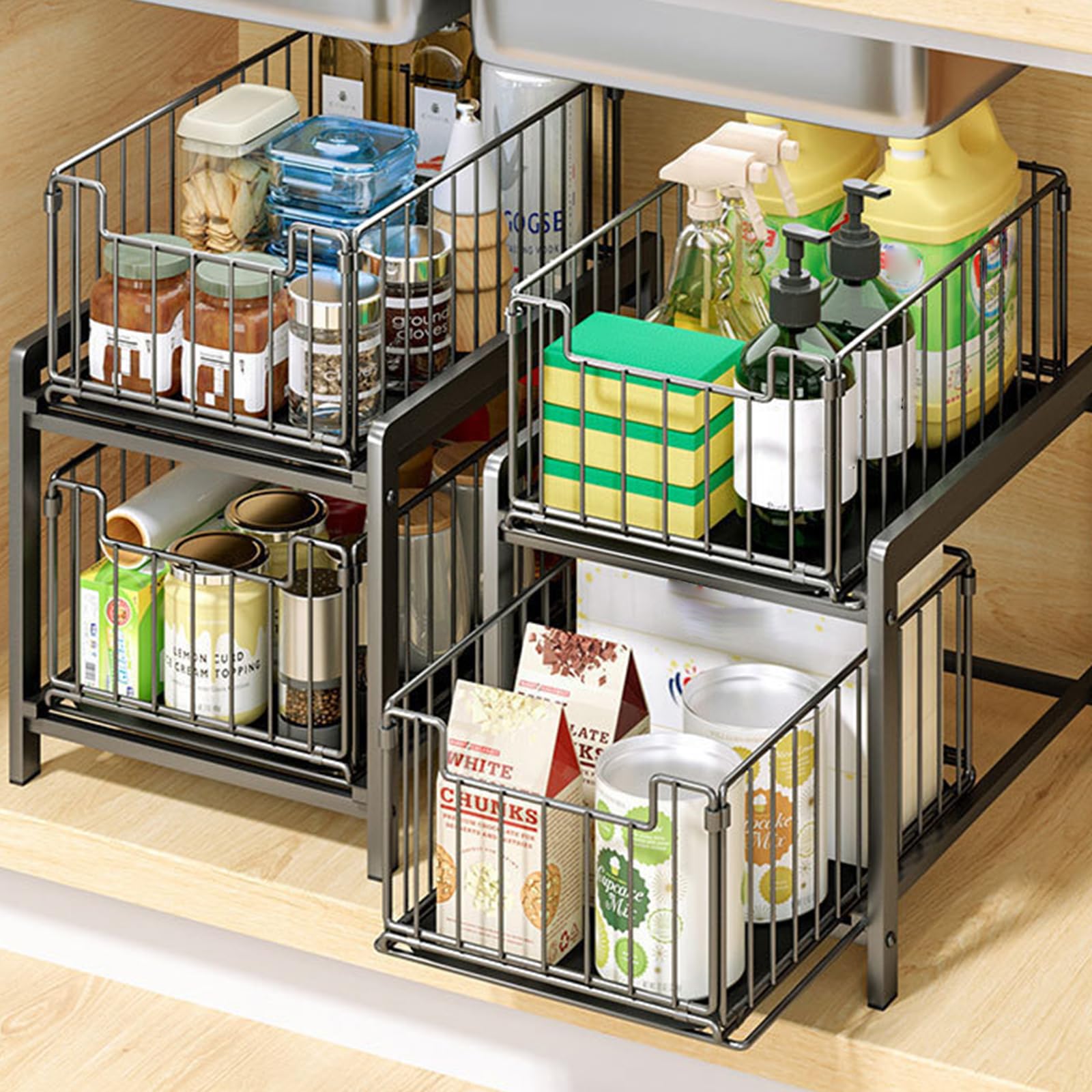 Estante de almacenamiento debajo del lavabo que ahorra espacio, 2 cestas deslizantes para una configuración eficiente de la cocina