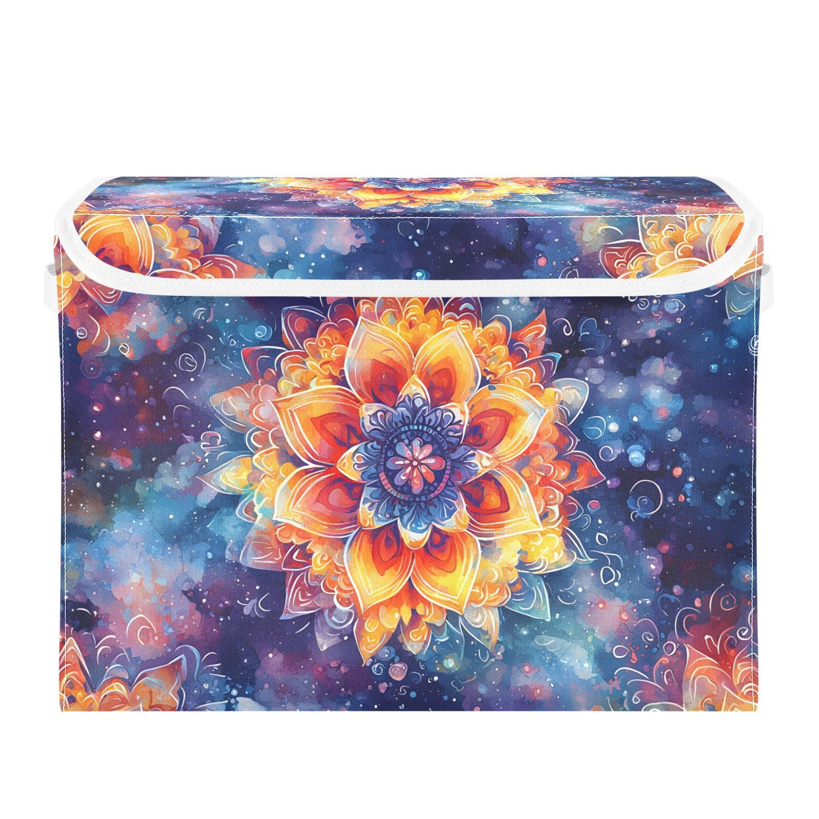 Boîtes de rangement pliables avec couvercle rigide empilable motif mandala jaune et bleu