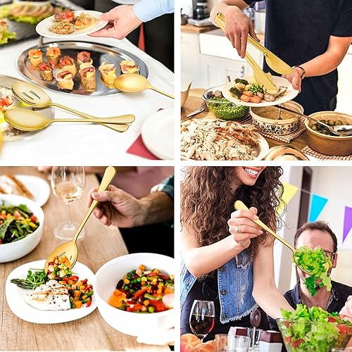 Miniatura 2 de LIANYU Juego de 9 utensilios grandes dorados para servir, 9.8 pulgadas, acero inoxidable, para bufé, banquete, catering, cucharas de servir, juego