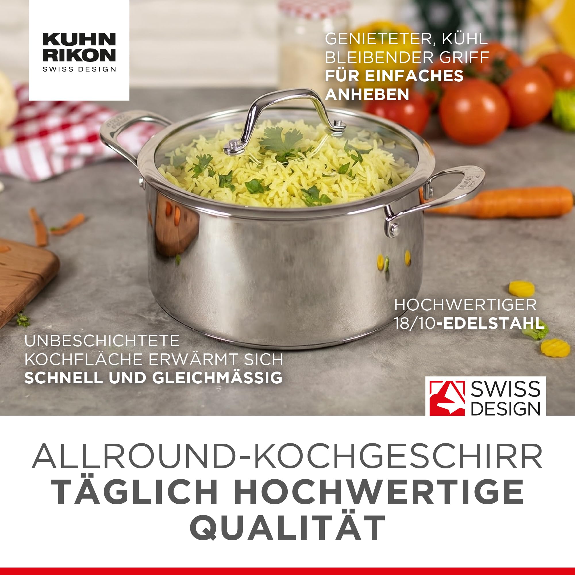 KUHN RIKON ALLROUND Kochtopf 2,3l, 18cm, für alle Herdarten inkl. Induktion, Edelstahltopf mit Glasdeckel, Backofentauglich, Optimale Wärmespeicherung und -verteilung, Spülmaschinentauglich