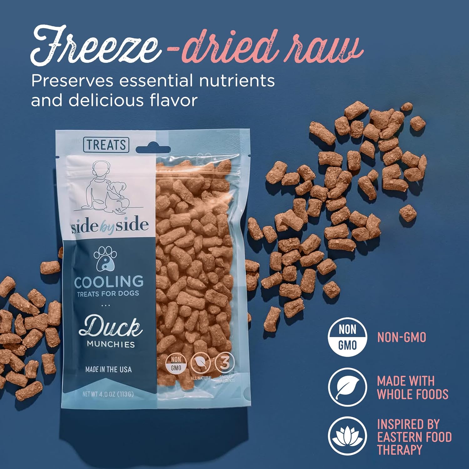 Side by Side Duck Munchies - Cooling Freeze-Dried Dog Treats - Ideal Dog Training Treats, Snack or Reward - Made of Whole Raw Ingredients, Free of Artificial Additives - USA Made (4oz., Pack of 2)