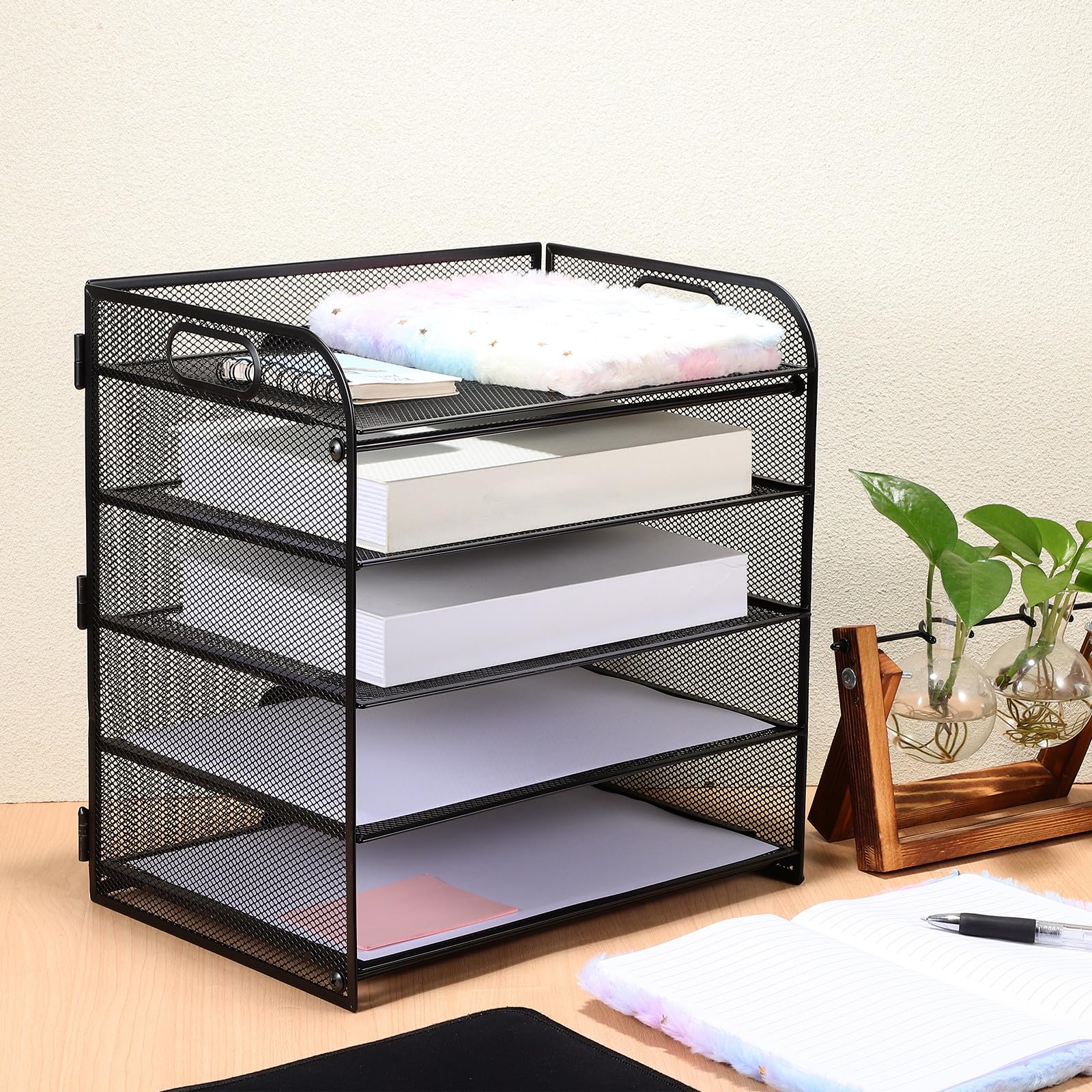 Organizzatore Portadocumenti da Tavolo 5 Livelli in Acciaio al Carbonio Nero, Scaffale per Documenti Facile da Prendere e Portatile per Ufficio e Scrivania