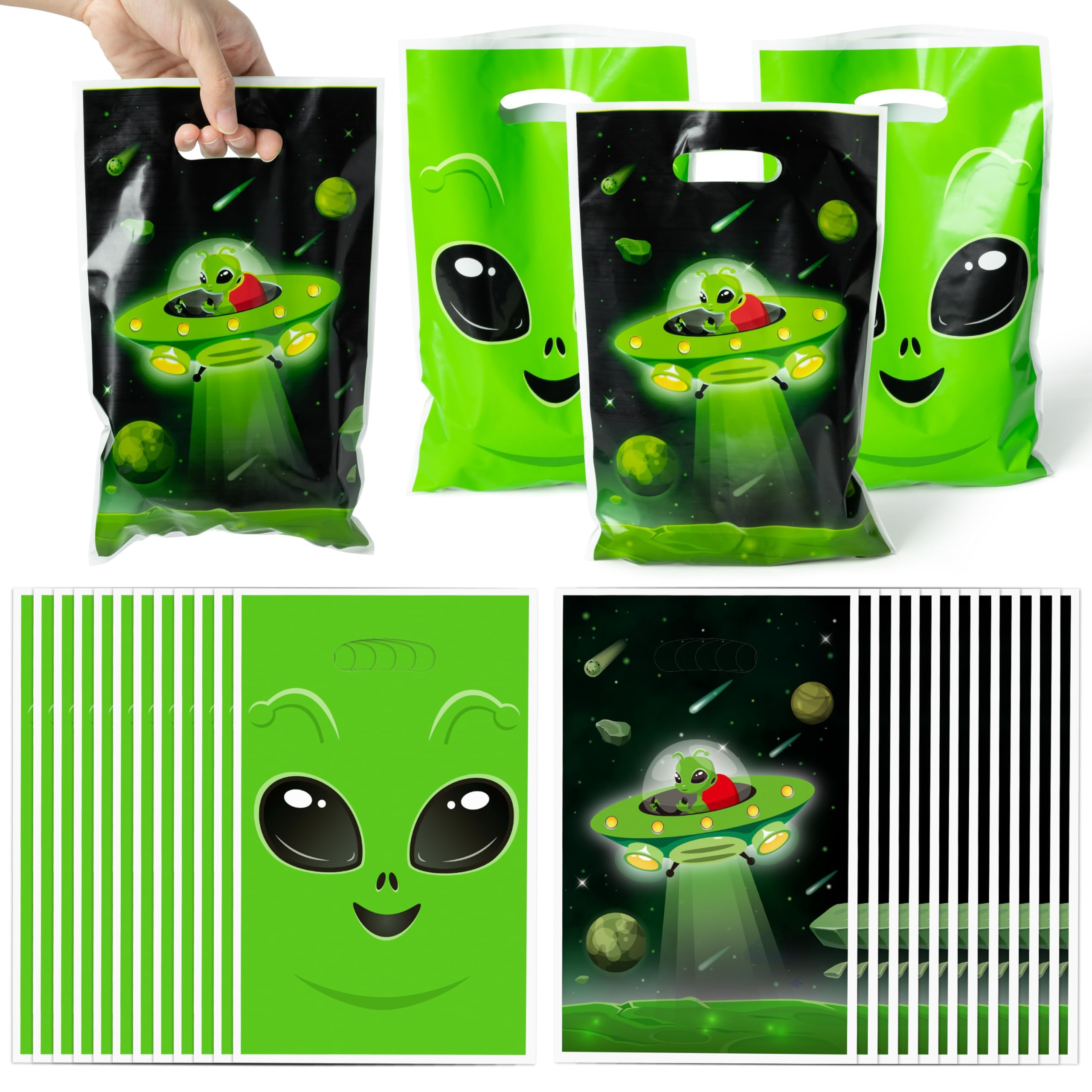 ArianQicult Green Alien Party Favor Bags 50Pcs Fun Alien Goody Candy Treat Gifts Bags, Space Themed Party Decorations for Kids Boys Girls Birthday