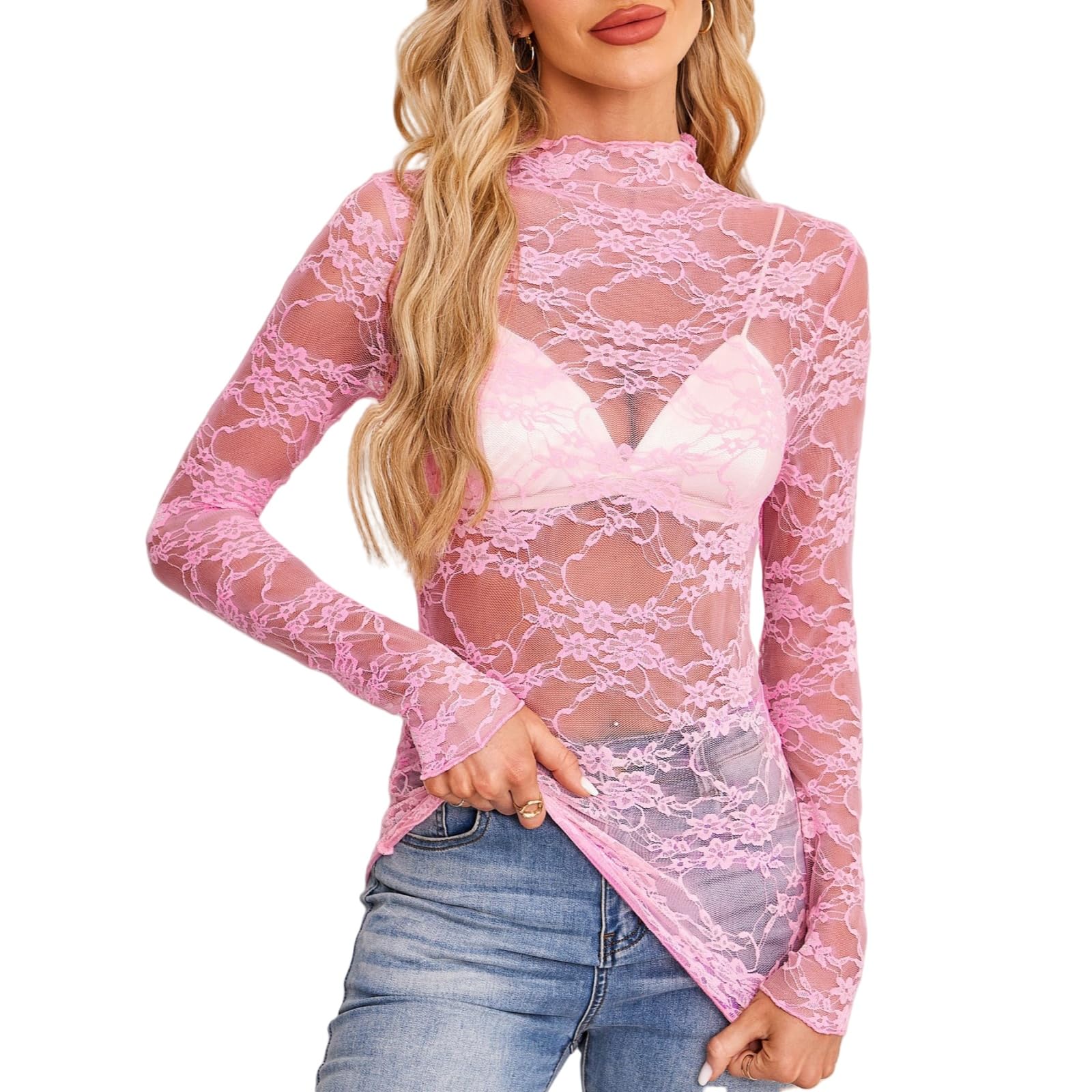 Hybursky Women's Pink Sheer Lace Floral Mesh Top Sexy See Through Mock Neck Long Sleeve Mesh T-Shirt Embroidered Flower Basic Shirt Casual Lady Slim Fit Blouse Tunic Top For Clubwear Streetwear (-M)