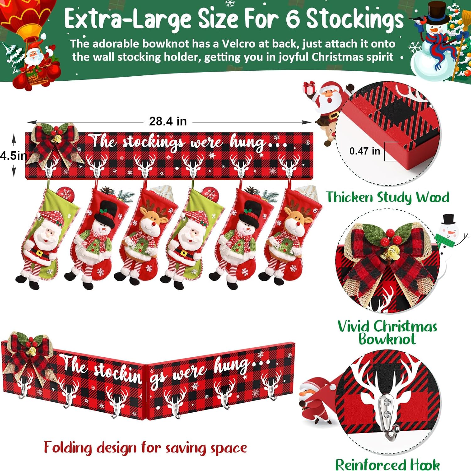 Christmas Stocking Holder with 6 Hangers Wall Hanging Buffalo Plaid Christmas Stocking Hangers for Mantel Fireplace Christmas Stocking Hooks Collapsible The Stockings were Hung Wooden Sign 28.4 inch