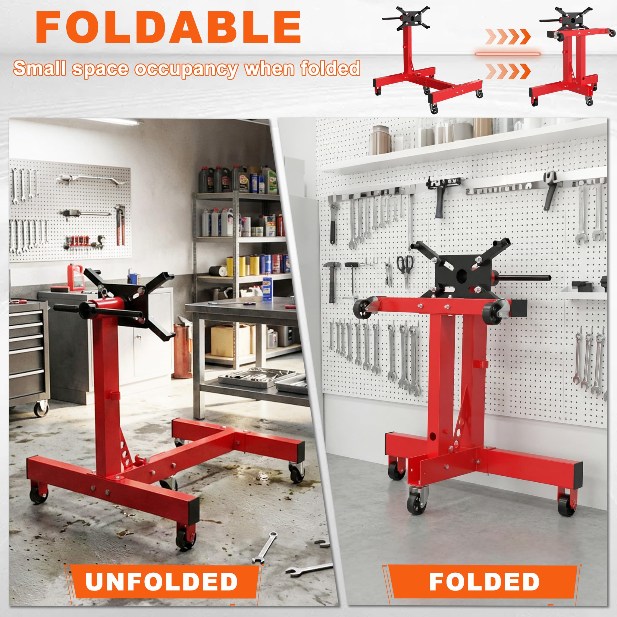 UISEBRT Béquille de moteur de voiture jusqu'à 680 kg, pliable, avec tête pivotante à 360° et 4 bras réglables, support de moteur avec 5 roulettes et poignée antidérapante pour garages et ateliers