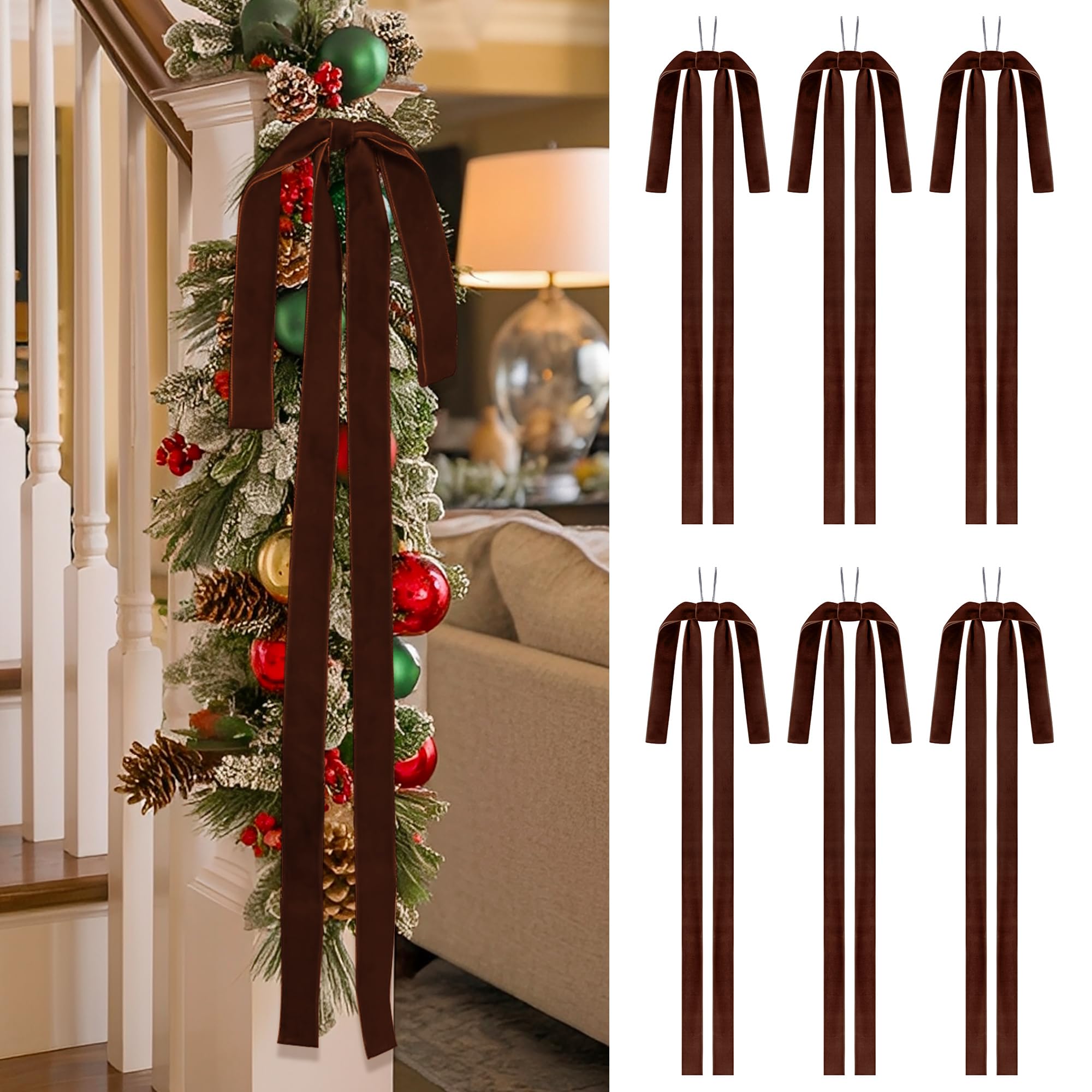 SIMISI RIBBON Brown Long Velvet Bows Ornaments for Christmas Tree, Wreath, Garland, Swag, Staircase, Fireplace, Door (15 * 24 inch, 6 Pieces)