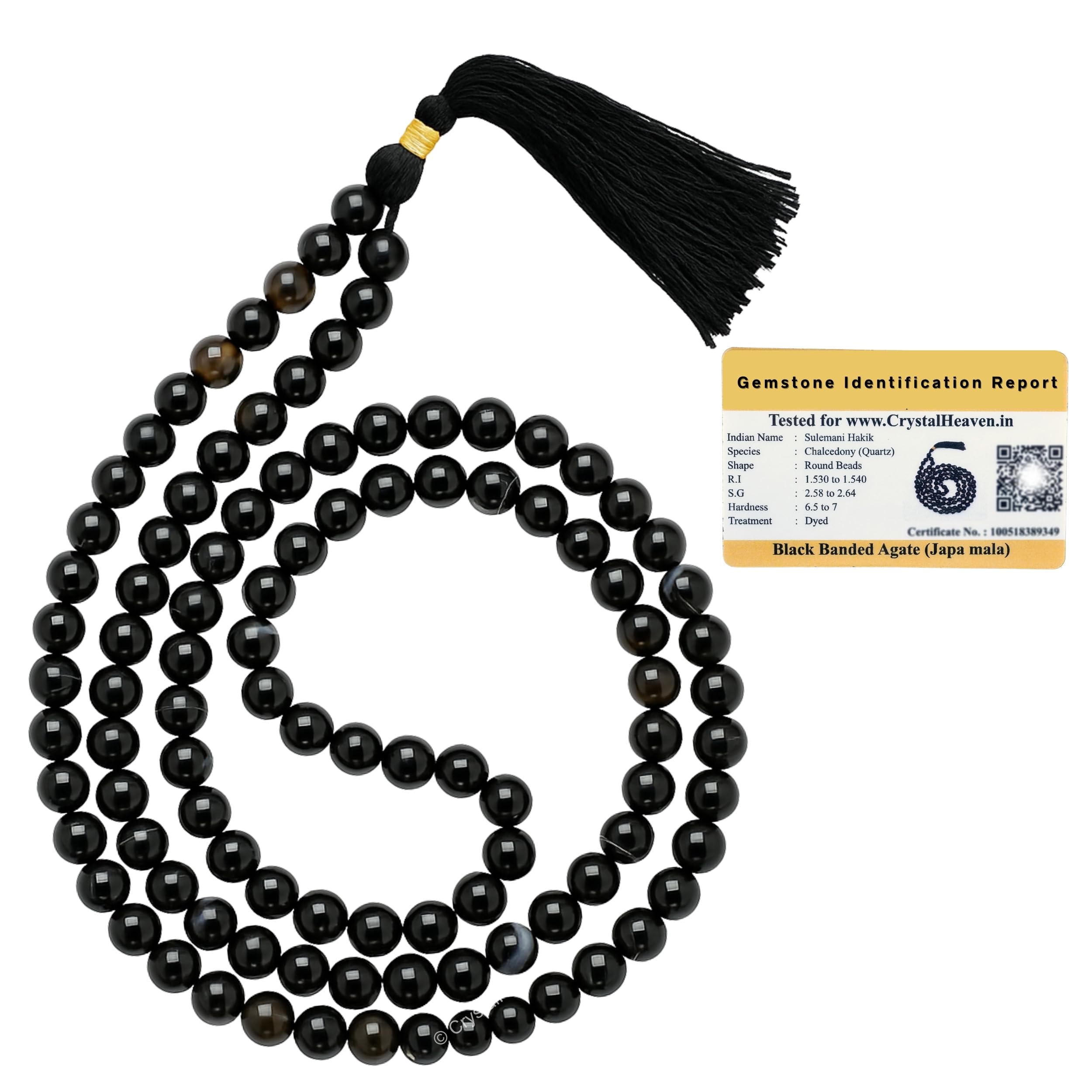 Certified Black Hakik Crystal Japa Mala Saadi - Negative Energy Remover 108 Beads Buddhist Prayer Beads - AAA Grade Original Healing Gemstone Agate Mala for Yoga Meditation Spiritual Reiki Feng Shui