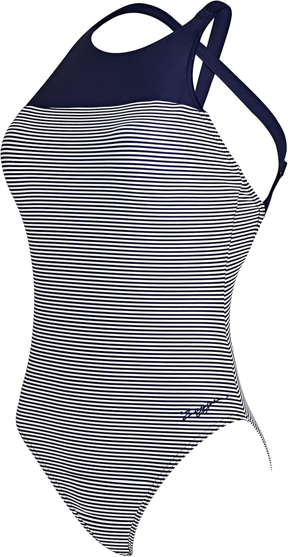Zoggs Women S Resolute Hi Front Crossbk One Piece Swimsuit Navy Stripe Amazon Co Uk Clothing