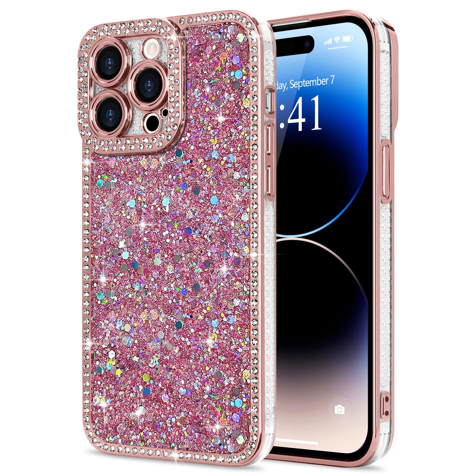 Lafunda for iPhone 14 Pro Max Case Glitter, Luxury Shiny Bling Sparkly Bumper Cover with Crystal Diamonds for Women Girls Soft Slim Shockproof Protective Phone Case for iPhone 14 Pro Max 6.7", Pink