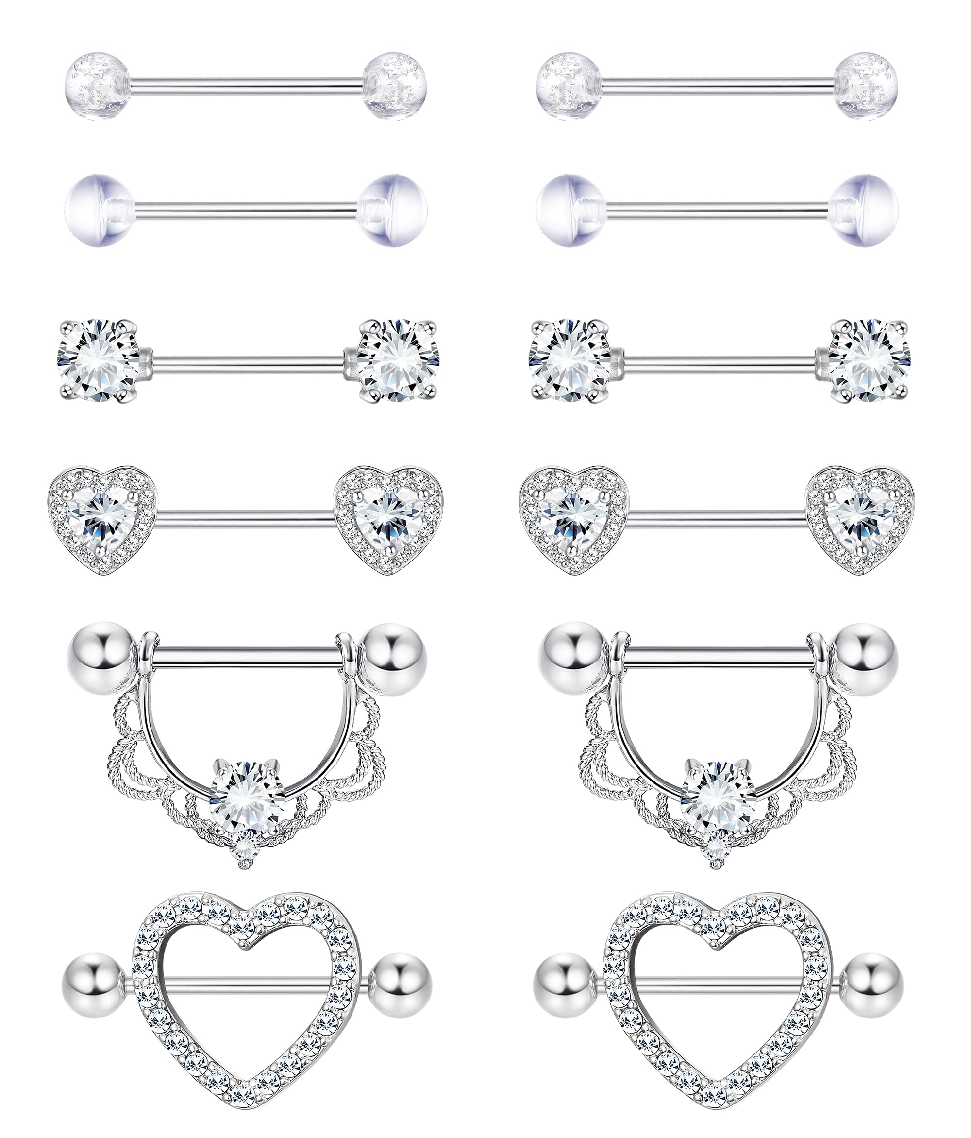 Diamday 6 Paare Nippelpiercing 316L Chirurgenstahl Brustwarzenpiercing 14G CZ Zungenpiercing Nipple Piercings für Damen Hypoallergen Herz Nipplerings Barbell Piercing Nipple Körperschmuck Set