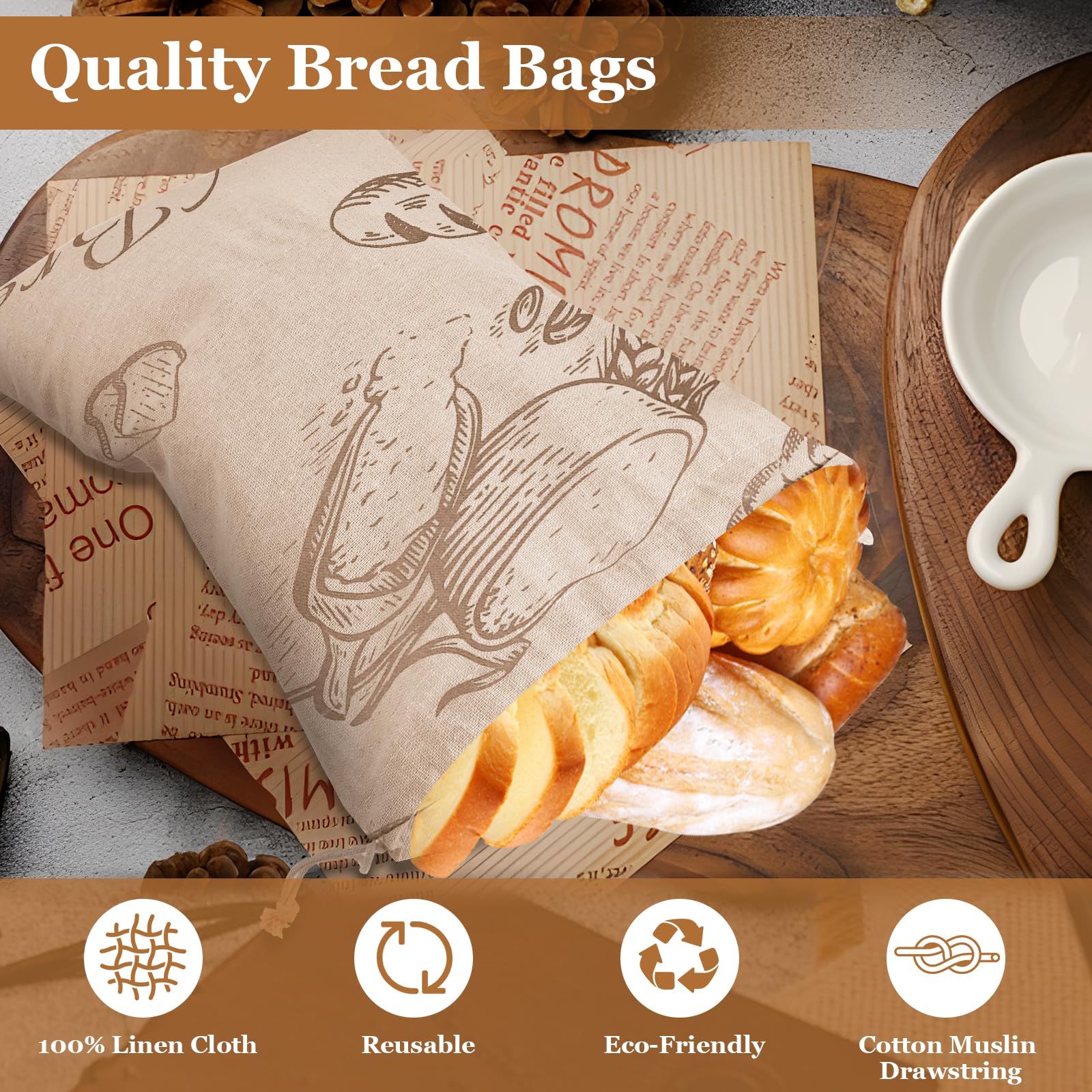 Sacchetti Pane In Lino Con Fodera Plastica - 2 Pezzi 49x35cm Riutilizzabili Per Mantenere Il Pane Fresco - Foto 9