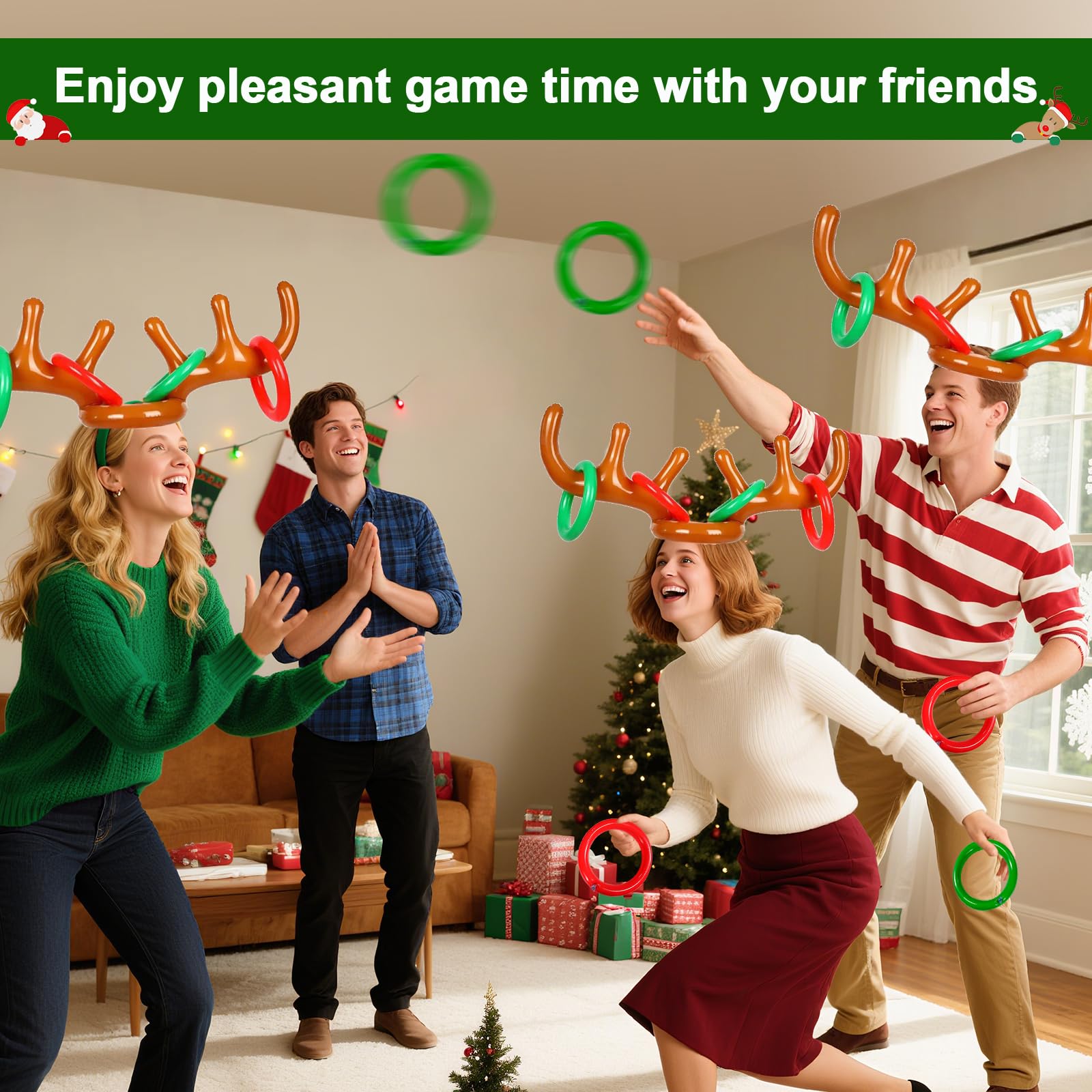 Inflatable Reindeer Antler Game, Christmas Reindeer Ring Toss Game,(2Antlers 8 Rings 1 Pump) Antler Ring Toss - Image 4
