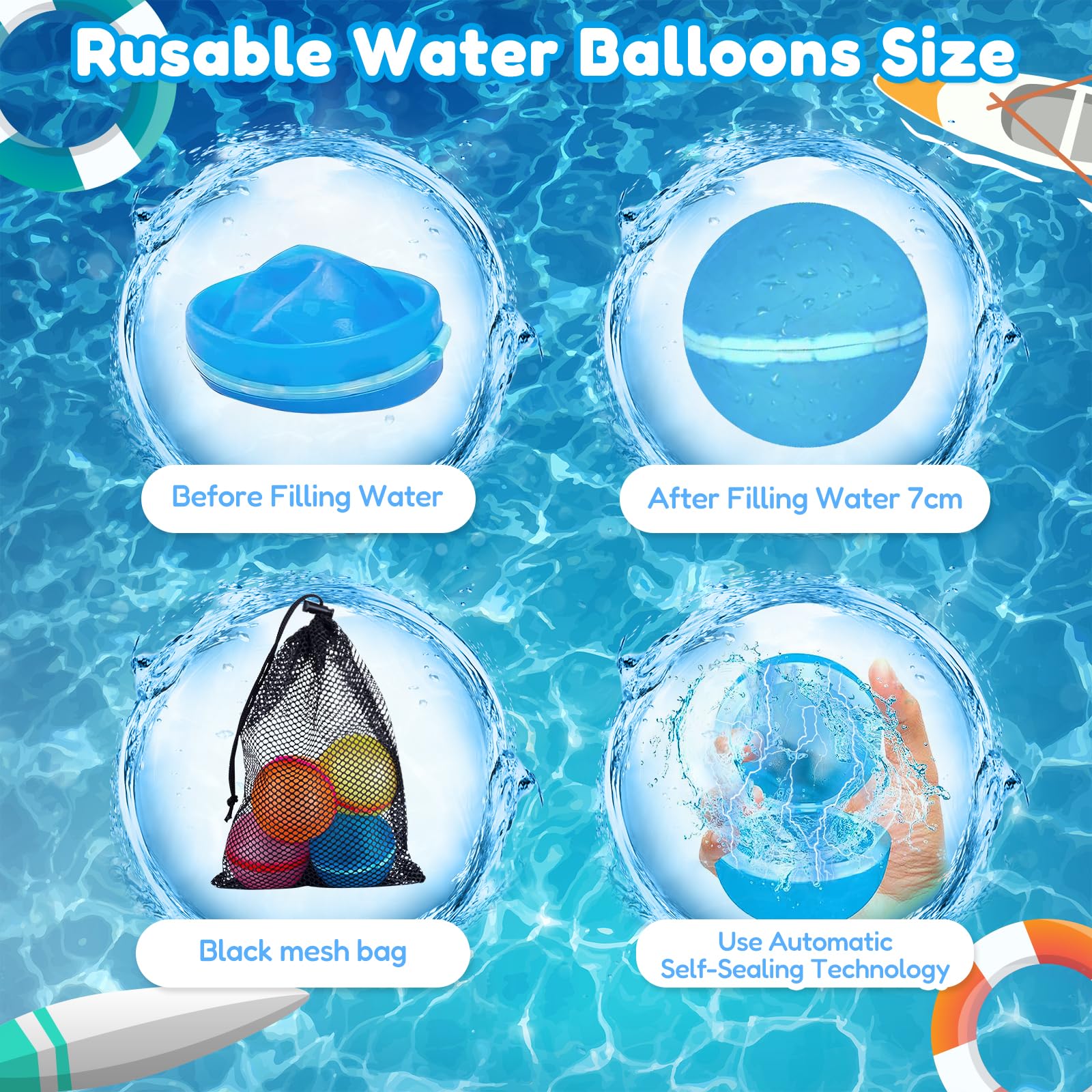 Palloncini Acqua Riutilizzabili, 15PCS Gavettoni Riutilizzabili, Facile da Riempire e Autosigillante, Bombe da Acqua Palloncini per Bambini Adulti, per Estivi Spiaggia, Piscina e Giardino