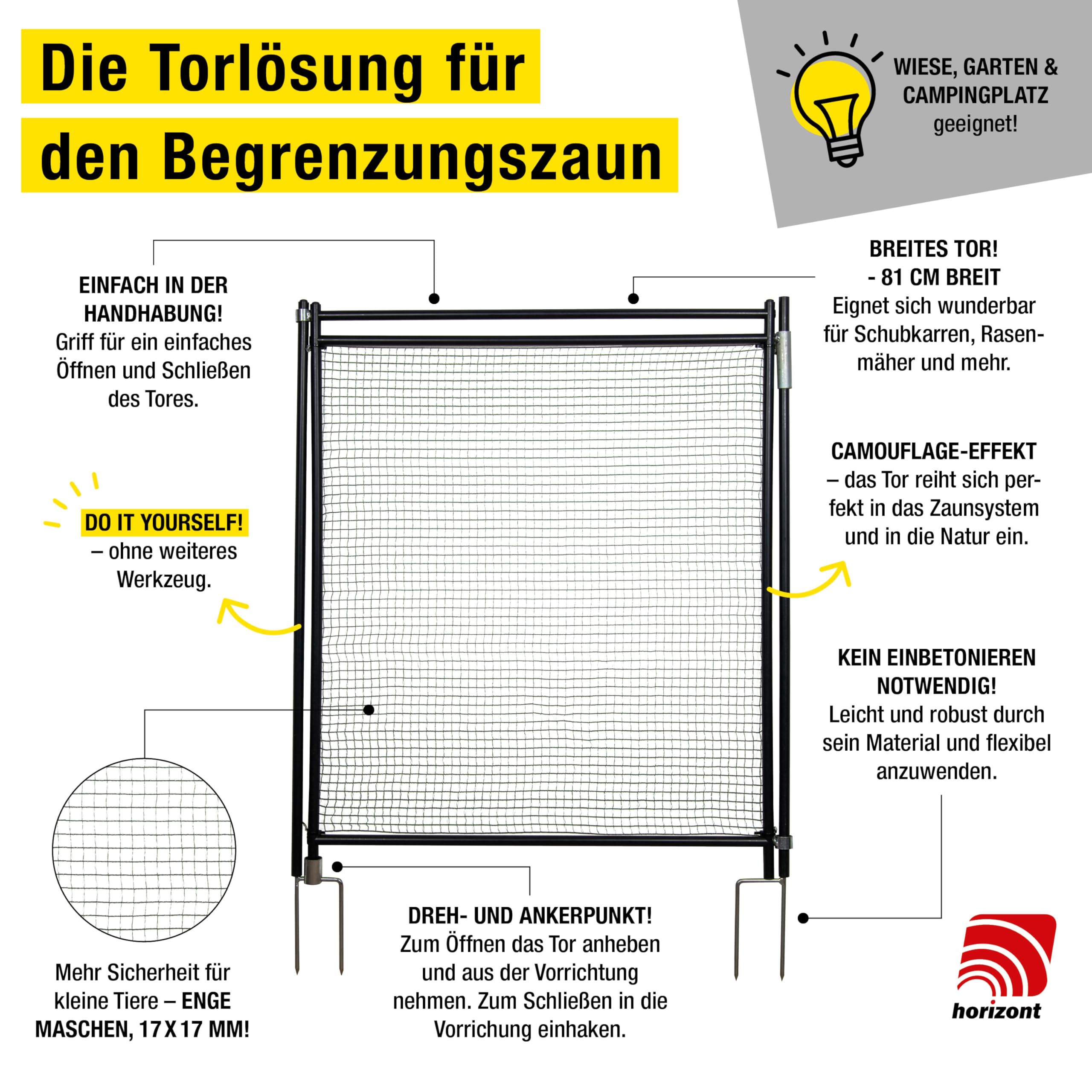 horizont Tor für Begrenzungszaun 90-105 cm, ohne Strom | Gartenzaun Tor, Tür für Netze, Ideal für Camping, Ideal für Garten
