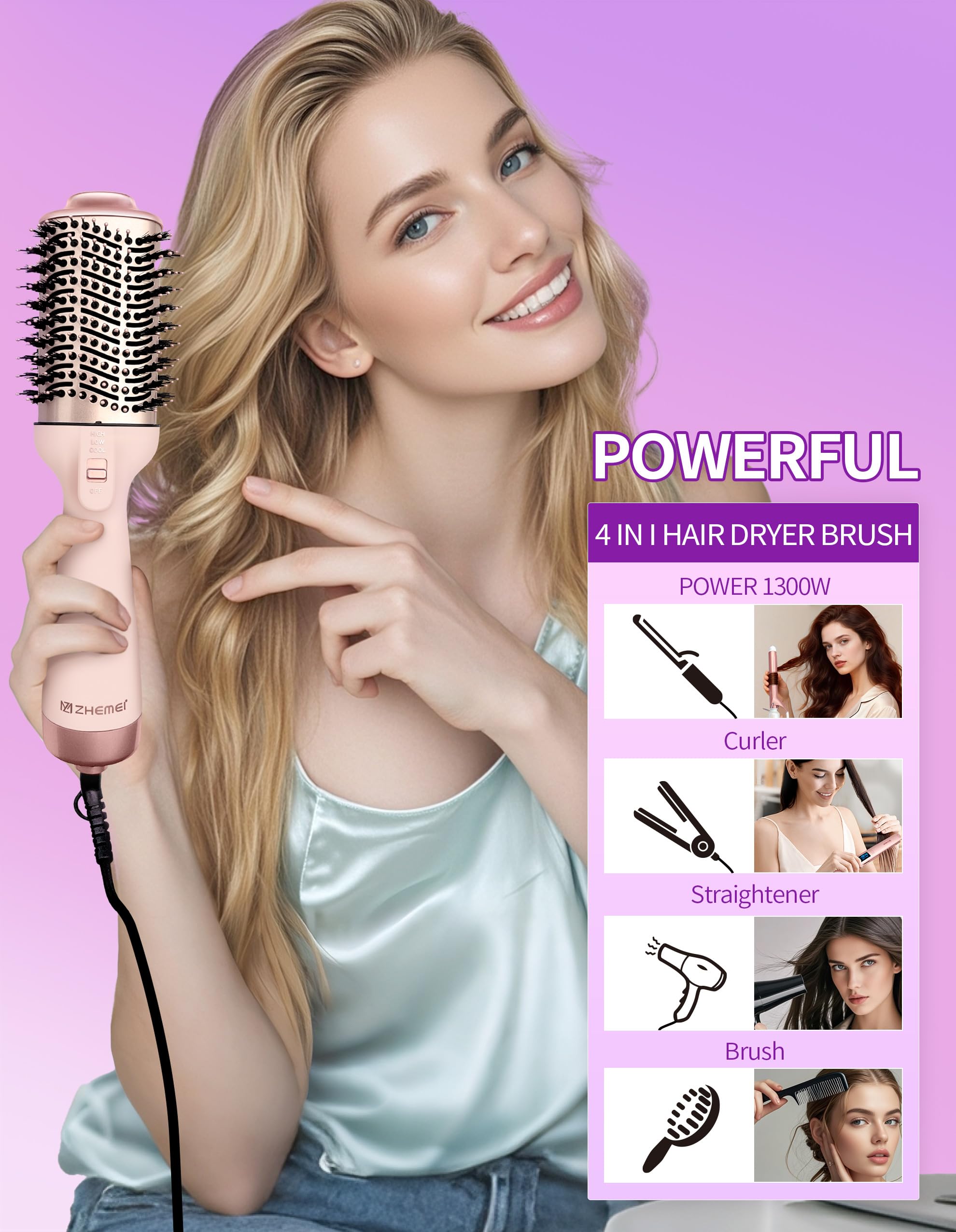 1300W Warmluftbürste, 4-in-1 Föhnbürste mit Antifrizz-Effekt, Keramik-Titan-Zylinder – Salon-Heißluftbürste für alle Haartypen (1Roségold)