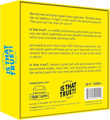 Miniatura 2 de Hygge Games, ¿Es eso cierto?! - ¿Puedes distinguir entre hechos locos y ficción furtiva? - Juego de fiesta de trivia, amarillo (21125)