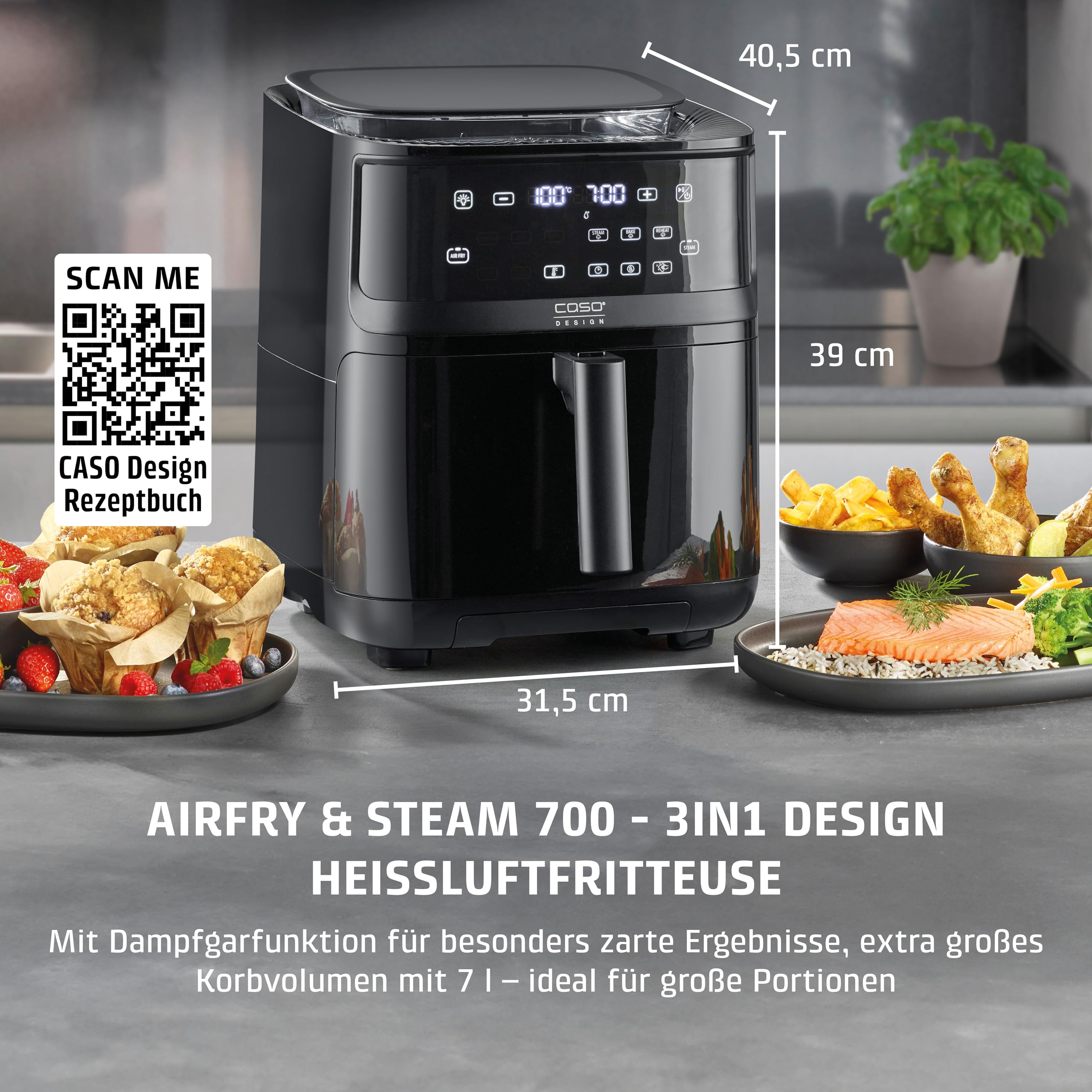 CASO AirFry & Steam 700 - Heißluftfritteuse und Dampfgarer - Testurteil: Sehr Gut, extra großes Korbvolumen 7 Liter, Dampfgarer & Airfryer, Fritteuse ohne Öl/Fett