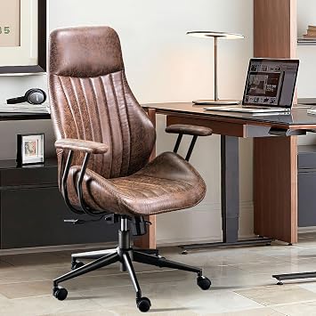 ovios Home Office Chair, Mid-Century Modern Faux Suede Leather Ergonomic Chairs, High Back Comfy Computer Swivel Rolling Task Executive Armchair, Dark Brown