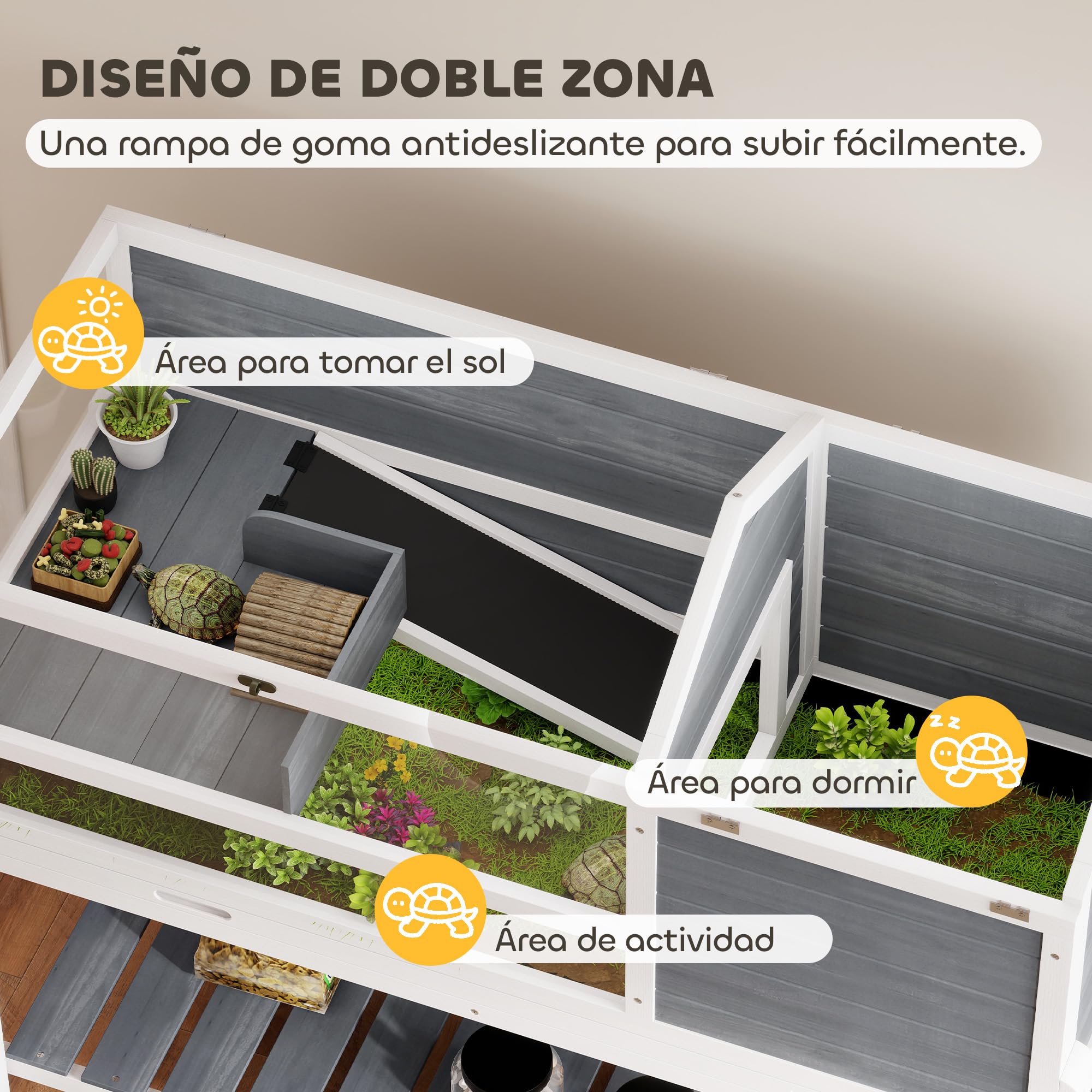 PawHut Casa para Tortugas de Madera, Terrario para Reptiles con Soporte para Lámpara Ajustable, Techos Abatibles, Bandeja Extraíble, Estante de Almacenaje y Paneles Transparentes, Caseta para Tortugas