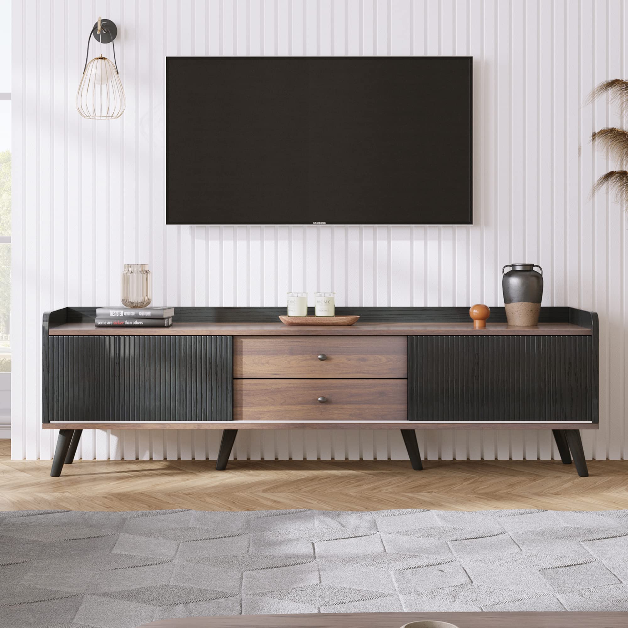 VIIOOIIV TV Stand, TV Console Table, Modern Entertainment Cabinet with Drawers, Storage and Shelves for Living Room, Office, Bedroom Black (160 * 40 * 58 cm)