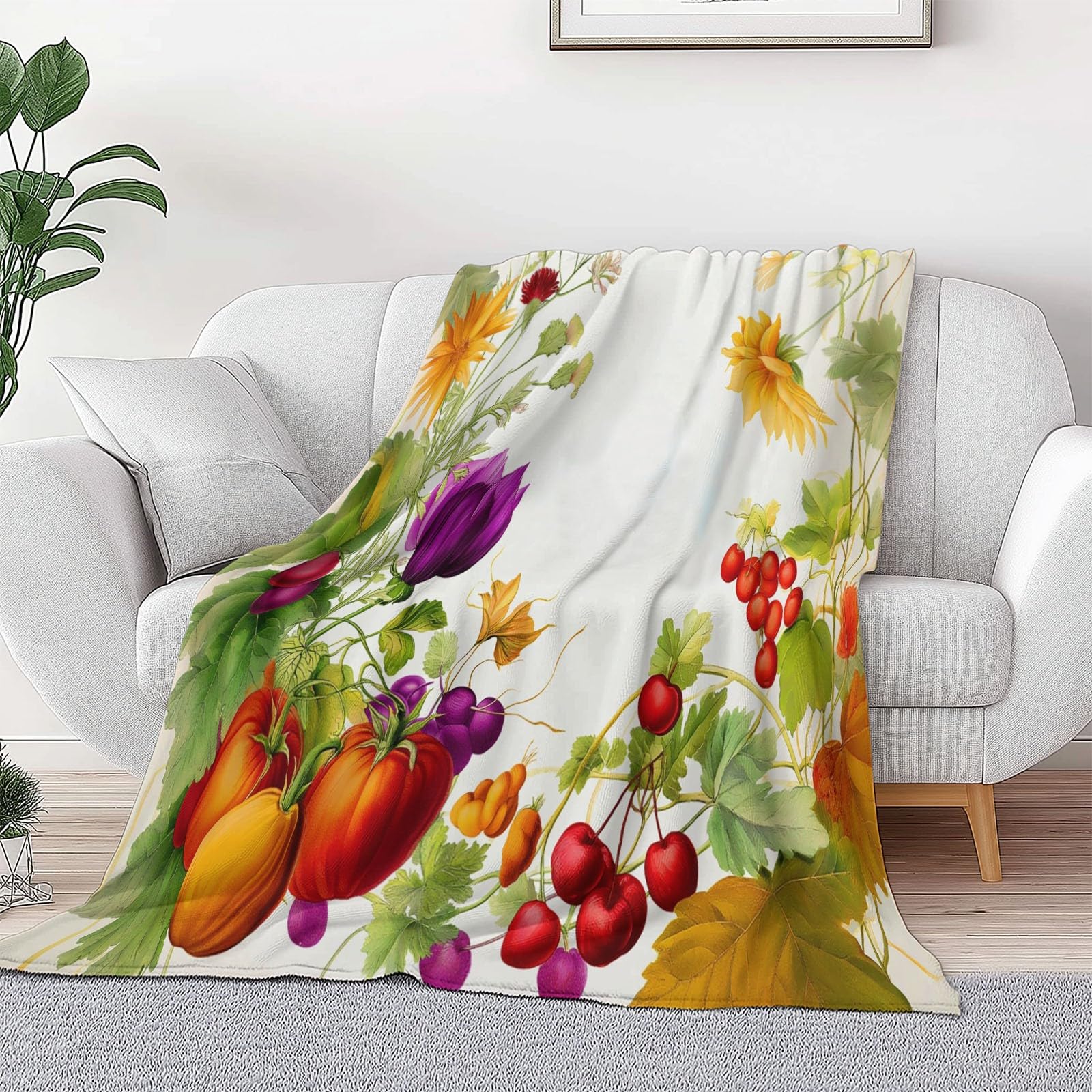 Ciepły flanelowy koc sherpa w stylu akwarelowym, 180 x 200 cm, miękki, przytulny koc z owoców, warzyw, roślin, pluszowy, flanelowy, polarowy, 180 x 200 cm, dla dziewcząt, dzieci, dorosłych, na kanapę