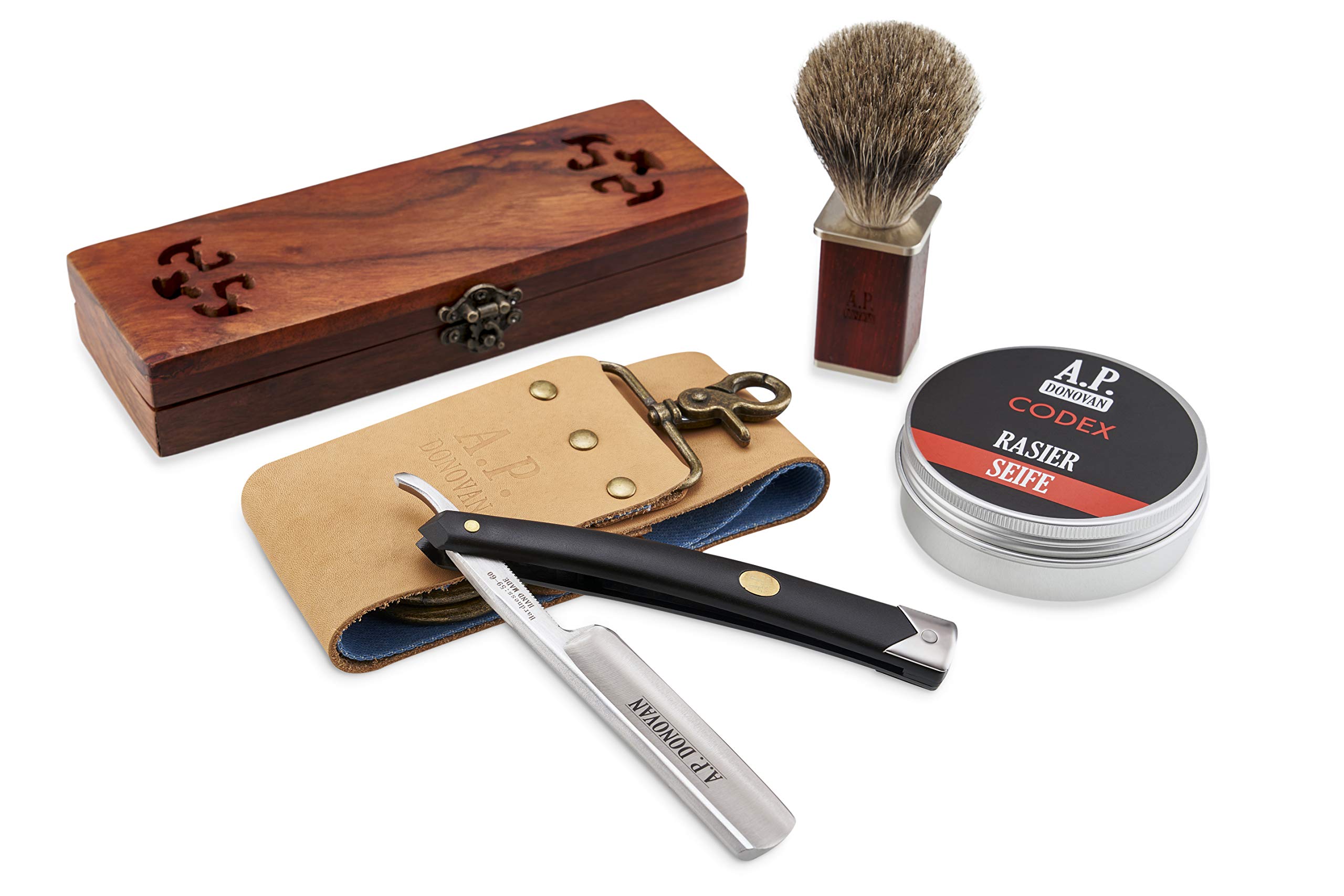 A.P. Donovan - Straight razor in gift set | 7/8 straight razor blade | strop shaving brush and shaving soap (black)