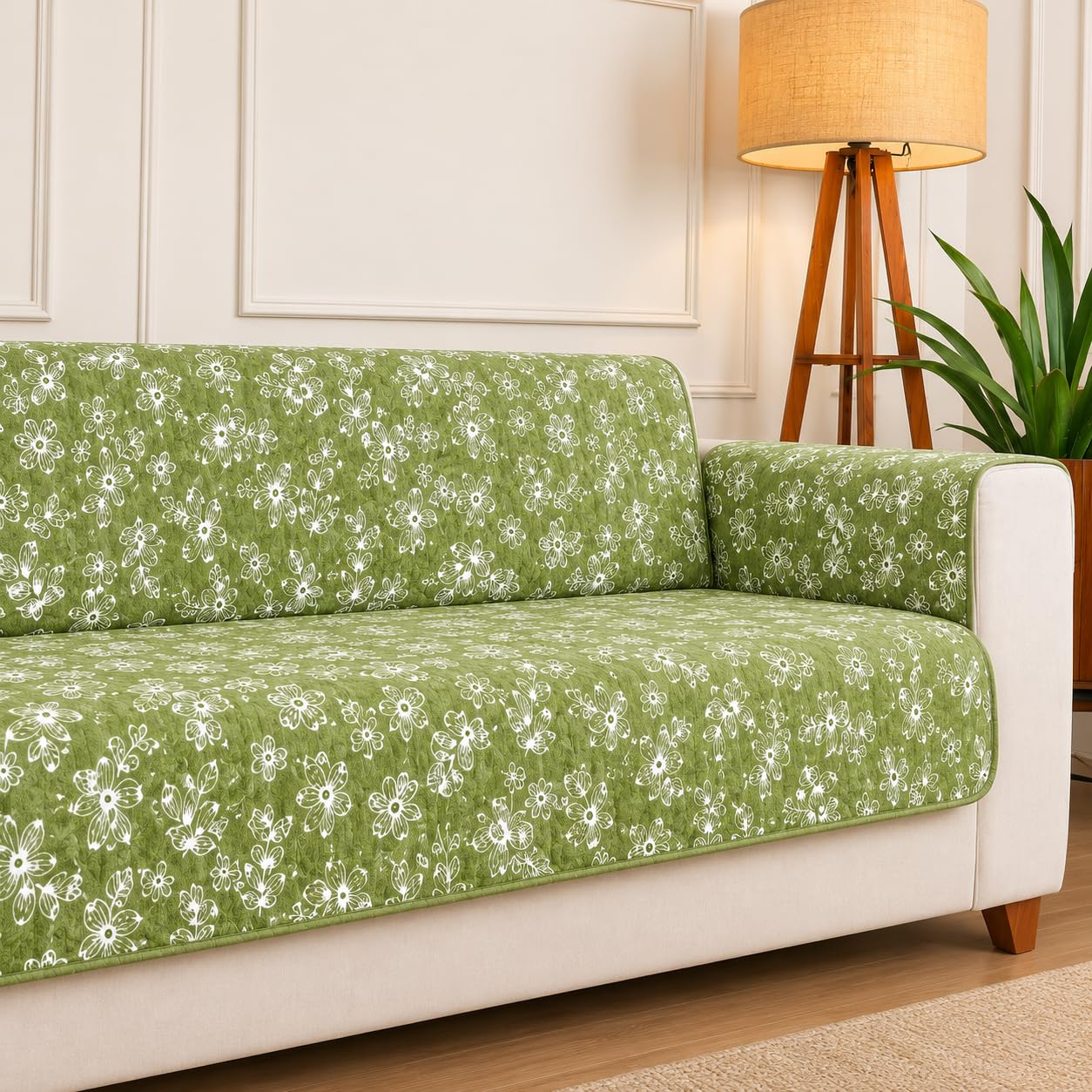 STITCHNEST 'Opulence Series' Floral Woven Sofa Cover for 3 Seater | Premium Soft Fabric Sofa Protector | Green Floral Pattern with Armrest Pockets | Durable Living Room Furniture Cover-image-25