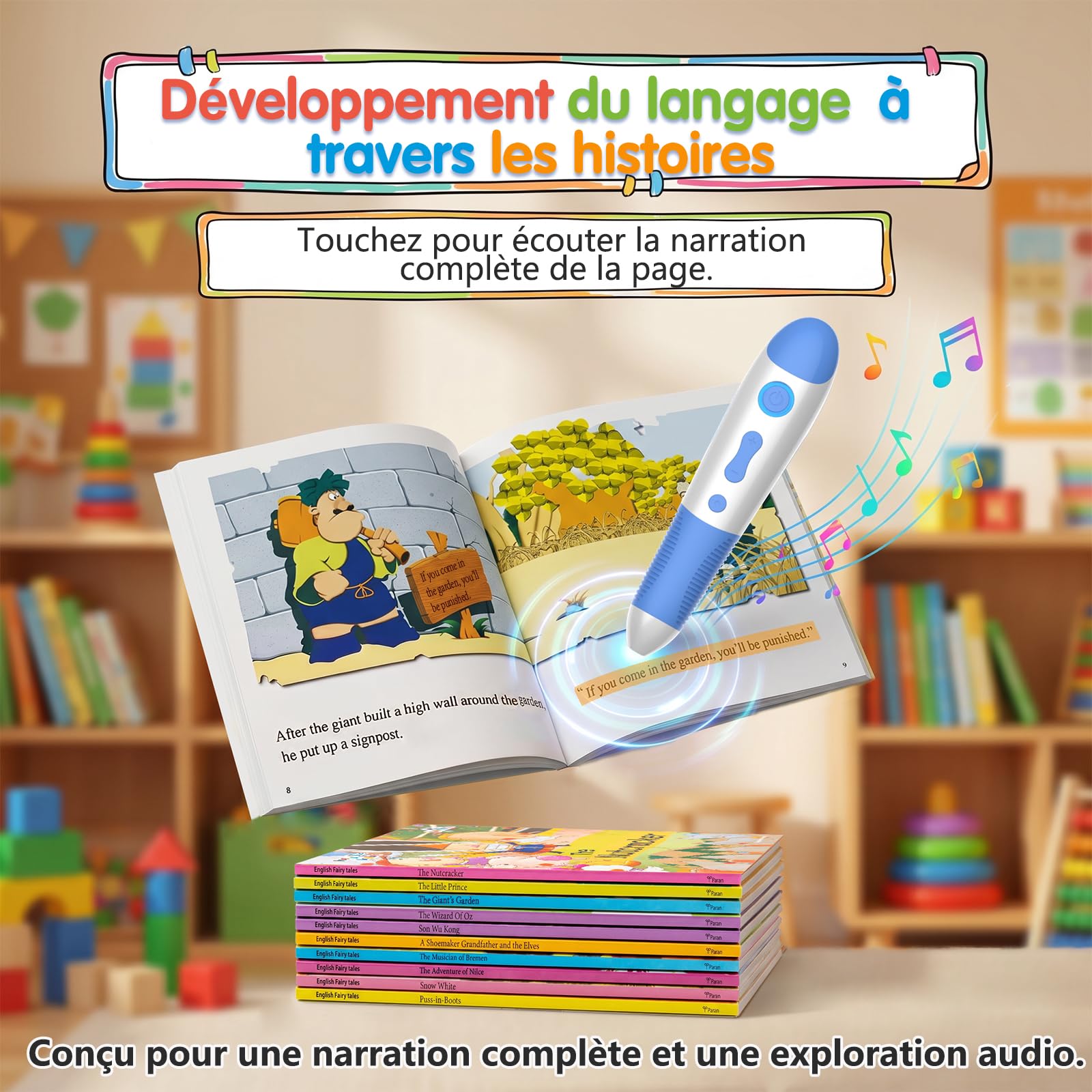 Stylo Audio Interactif avec 10 Livres d’Histoires en Anglais, Livres Sonores à Toucher, Histoires Audio pour Enfants, Jouet Éducatif sans Écran, Rechargeable USB-C