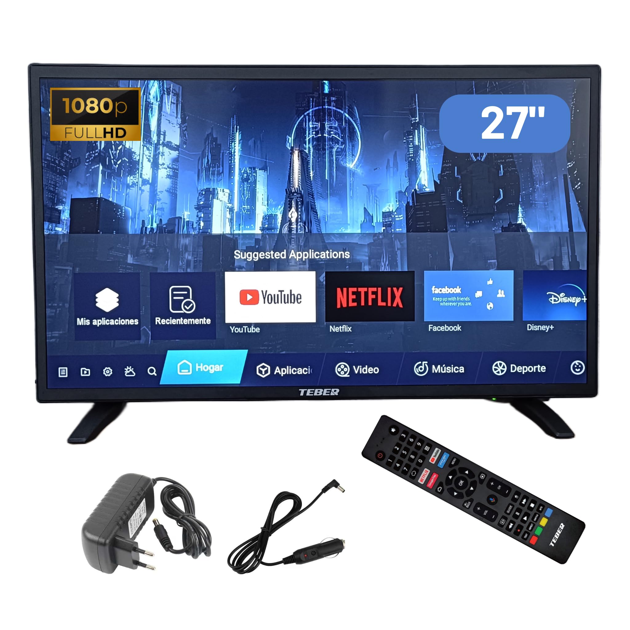 TEBER Smart TV de 27 Pulgadas Full HD 1920x1080, Bluetooth, Mando por Voz, 12v/24v/230v, Android 14, DVB-S2/C/T2/T para Autocaravanas, Cocinas, Dormitorios, Campers, Barcos, Camiones