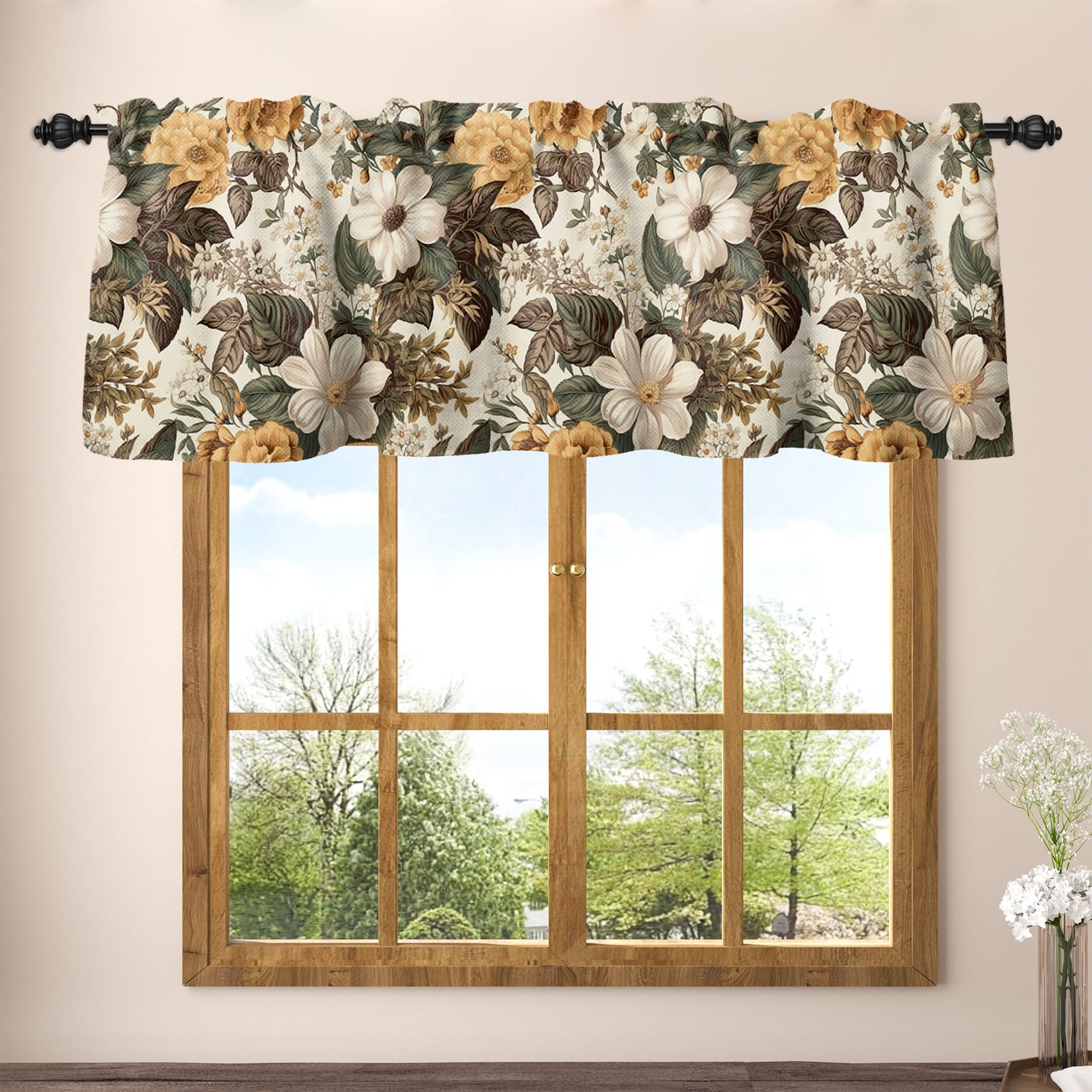 Cantonnière de cuisine fleurie vintage 106x45 cm et brise-bise rétro café