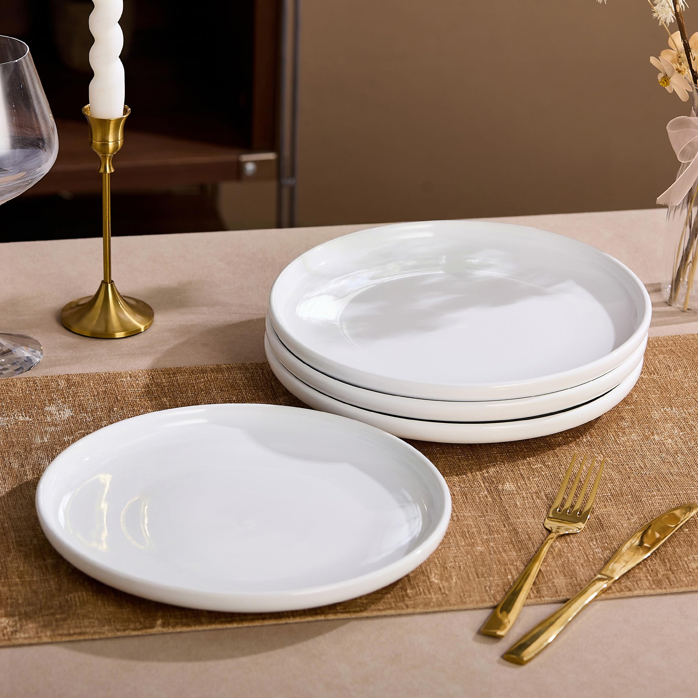 Speiseteller Groß 4er Set, Kuchenteller Weiss 25cm, Keramik Frühstücksteller, Flache Essteller für Salat, Pasta, Fleisch, Fisch